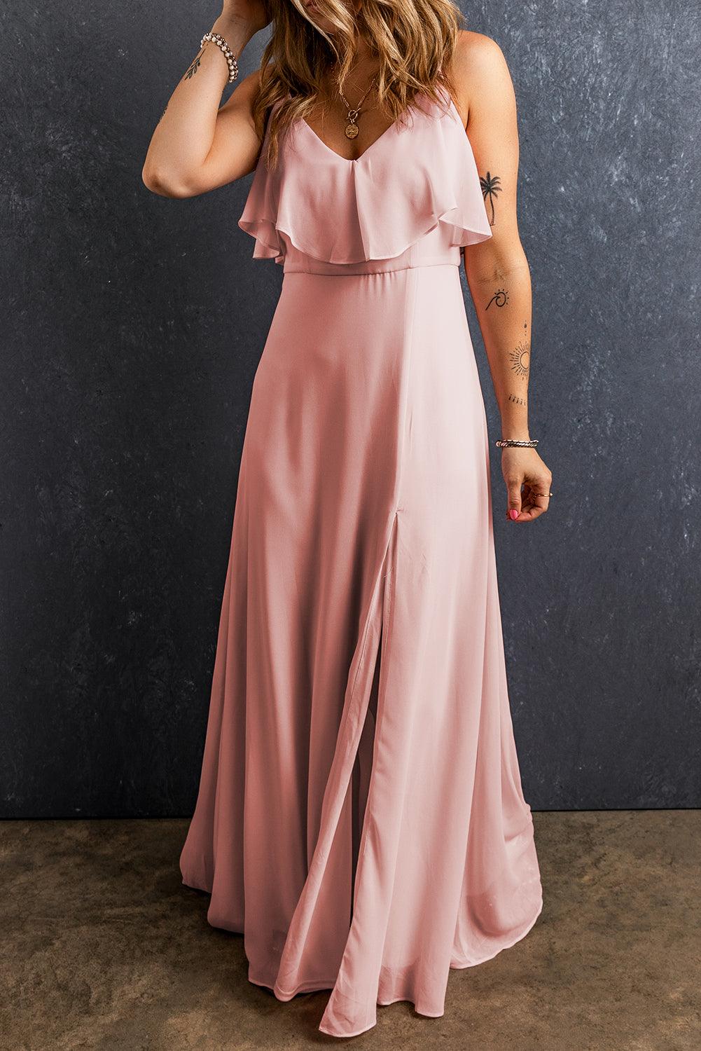 Robe longue élégante avec bretelles spaghettis et fente