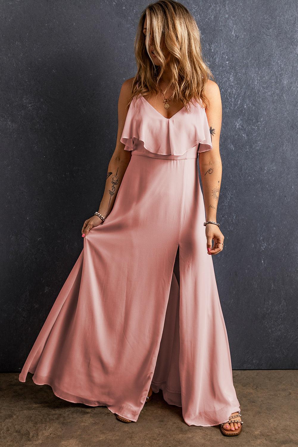 Robe longue élégante avec bretelles spaghettis et fente
