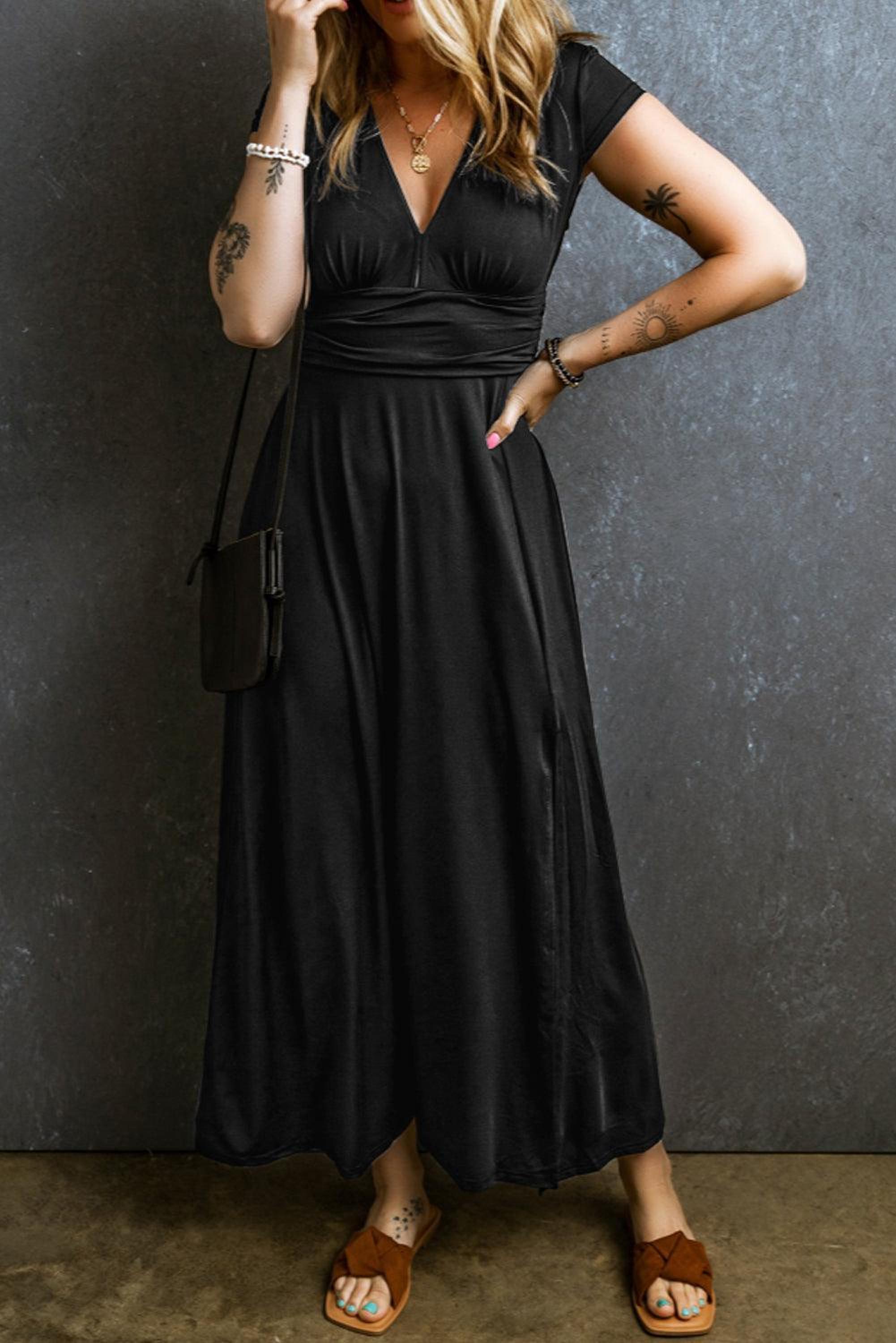 Élégance Plissée Robe | Maxi Robe à Col V et Manches Courtes