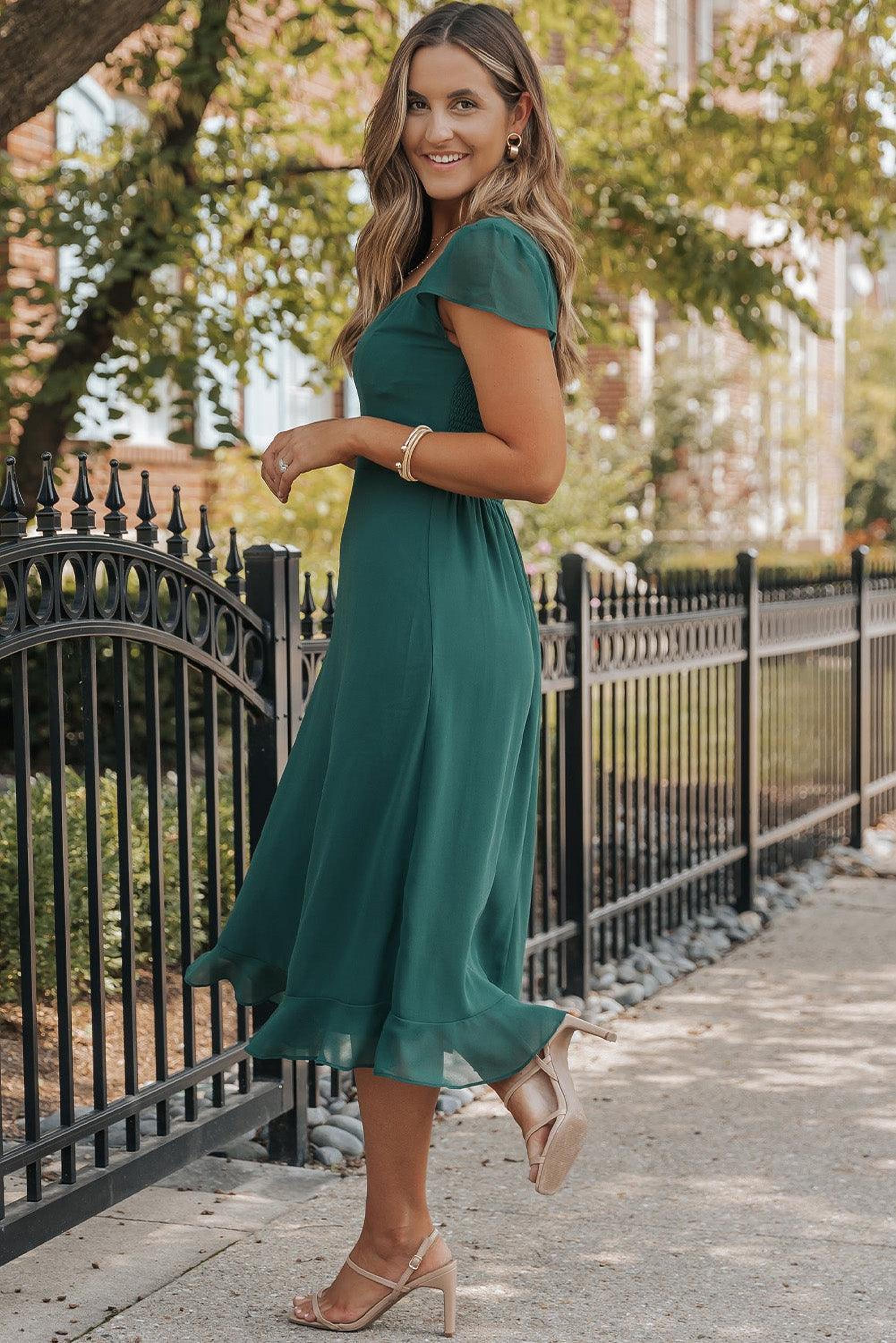 Élégance Plissée | Robe Midi Dos Ouvert à Volants