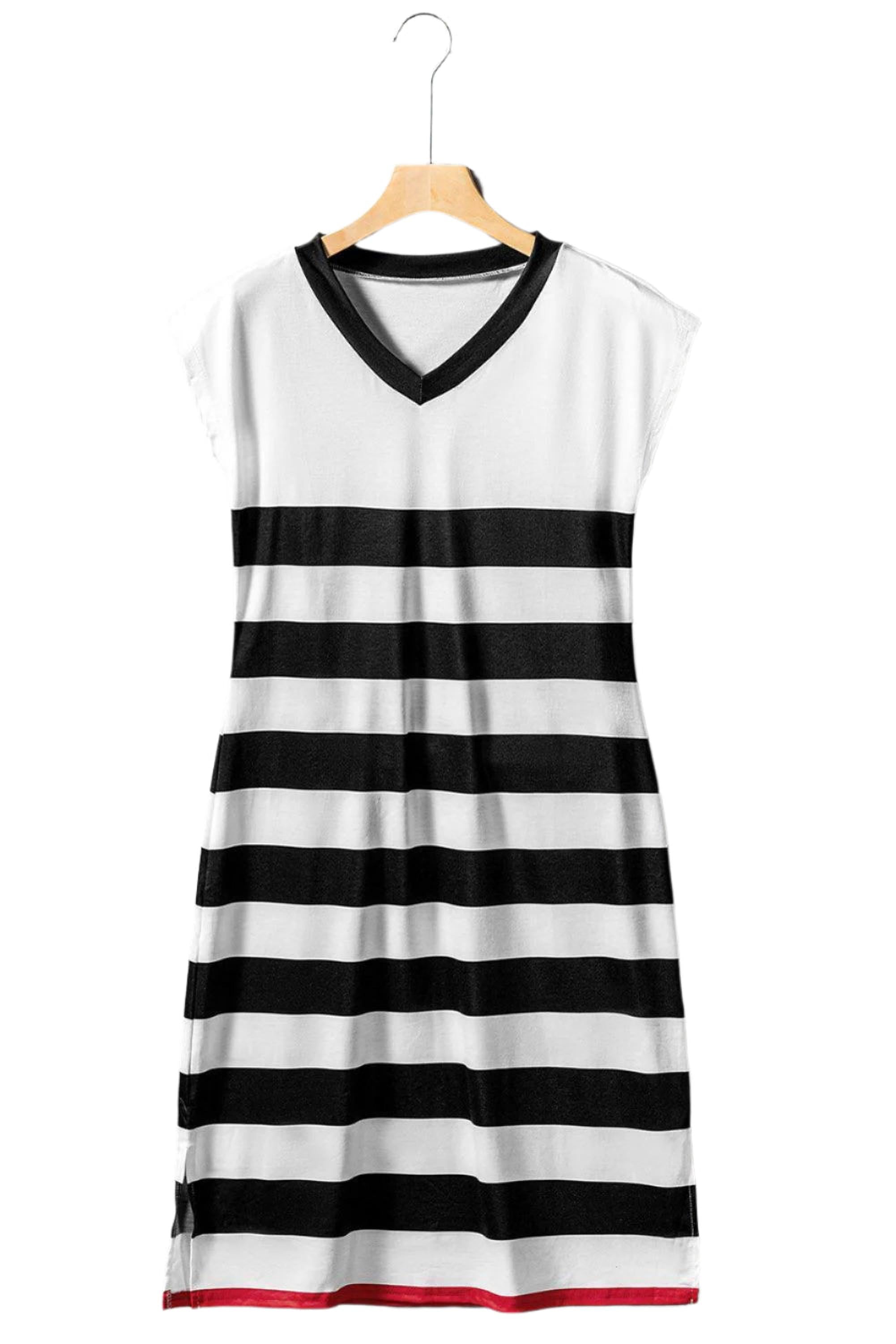 Robe midi à rayures avec manches évasées et col en V