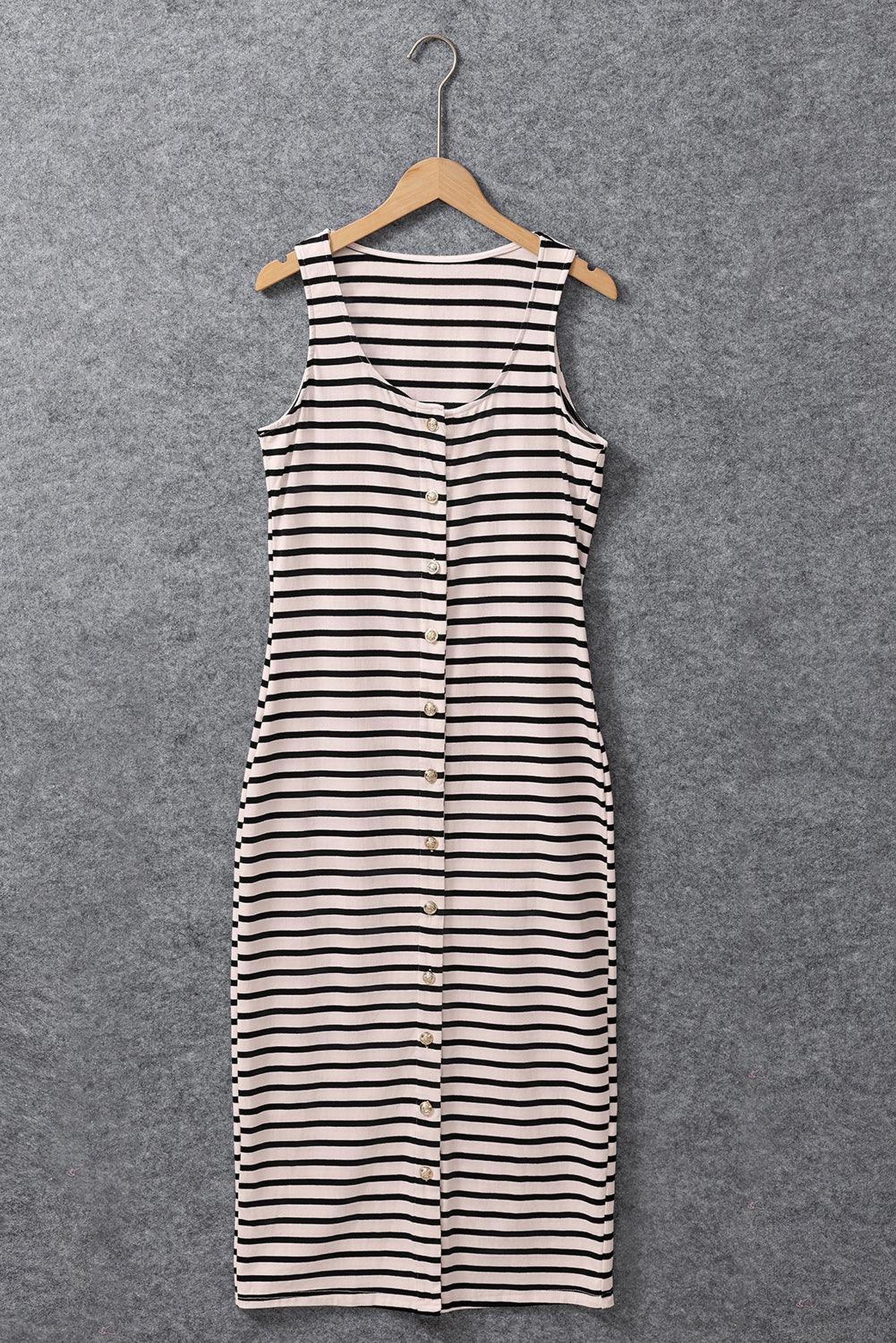 Maxi robe rayée sans manches avec des boutons, idéale pour un look estival