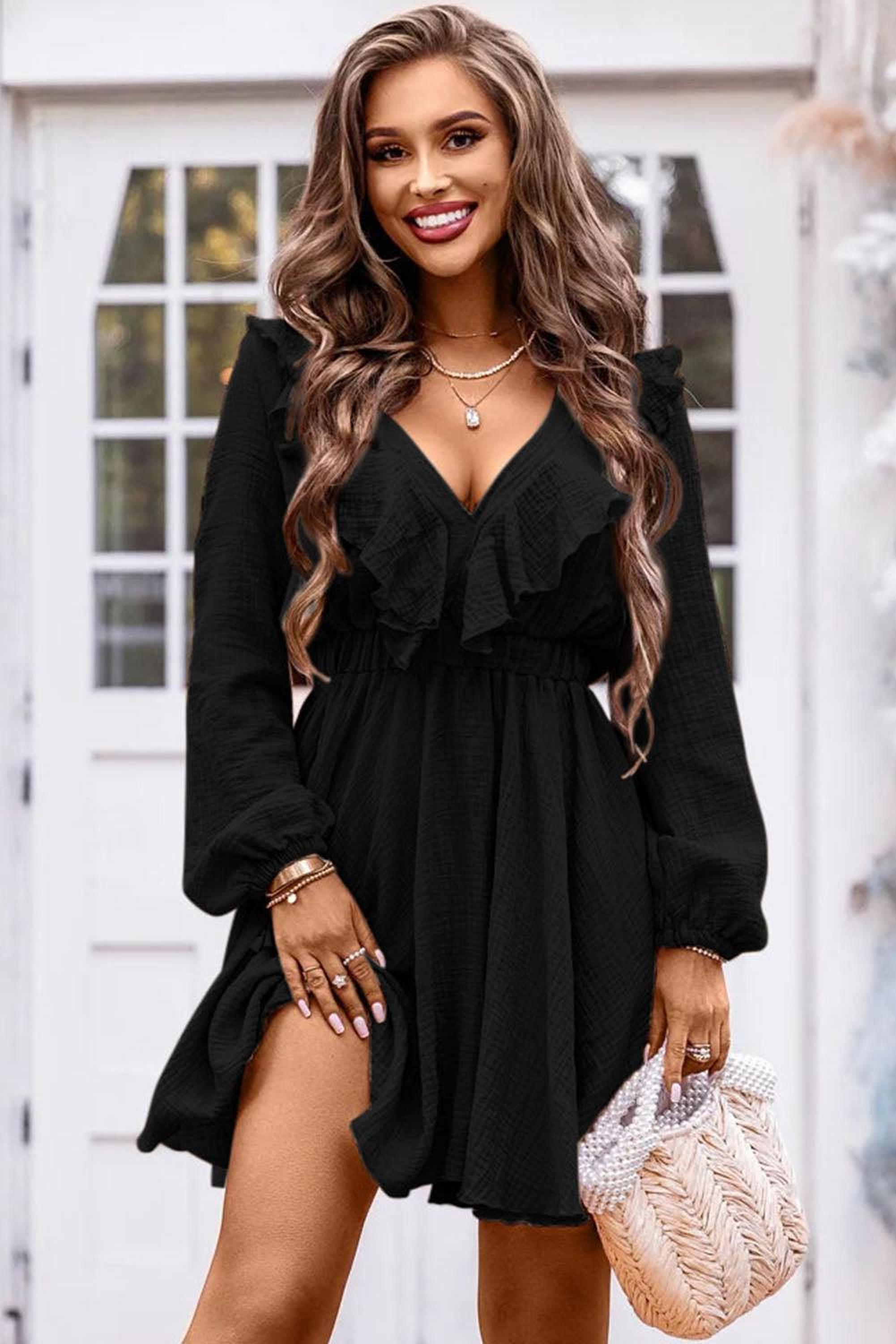 Robe mini avec col en V et volants texturés élégante