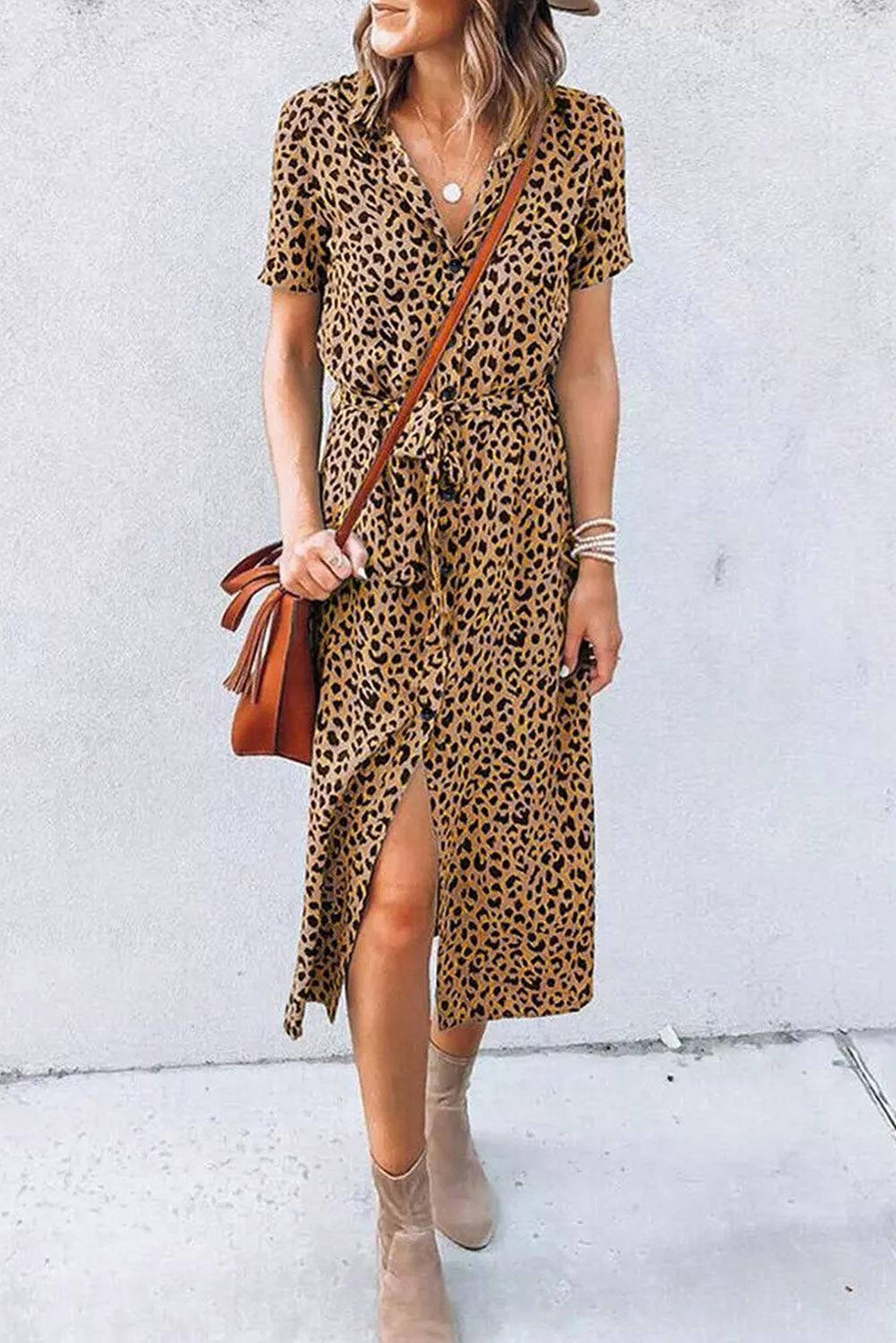Robe midi à motif léopard avec col élégant
