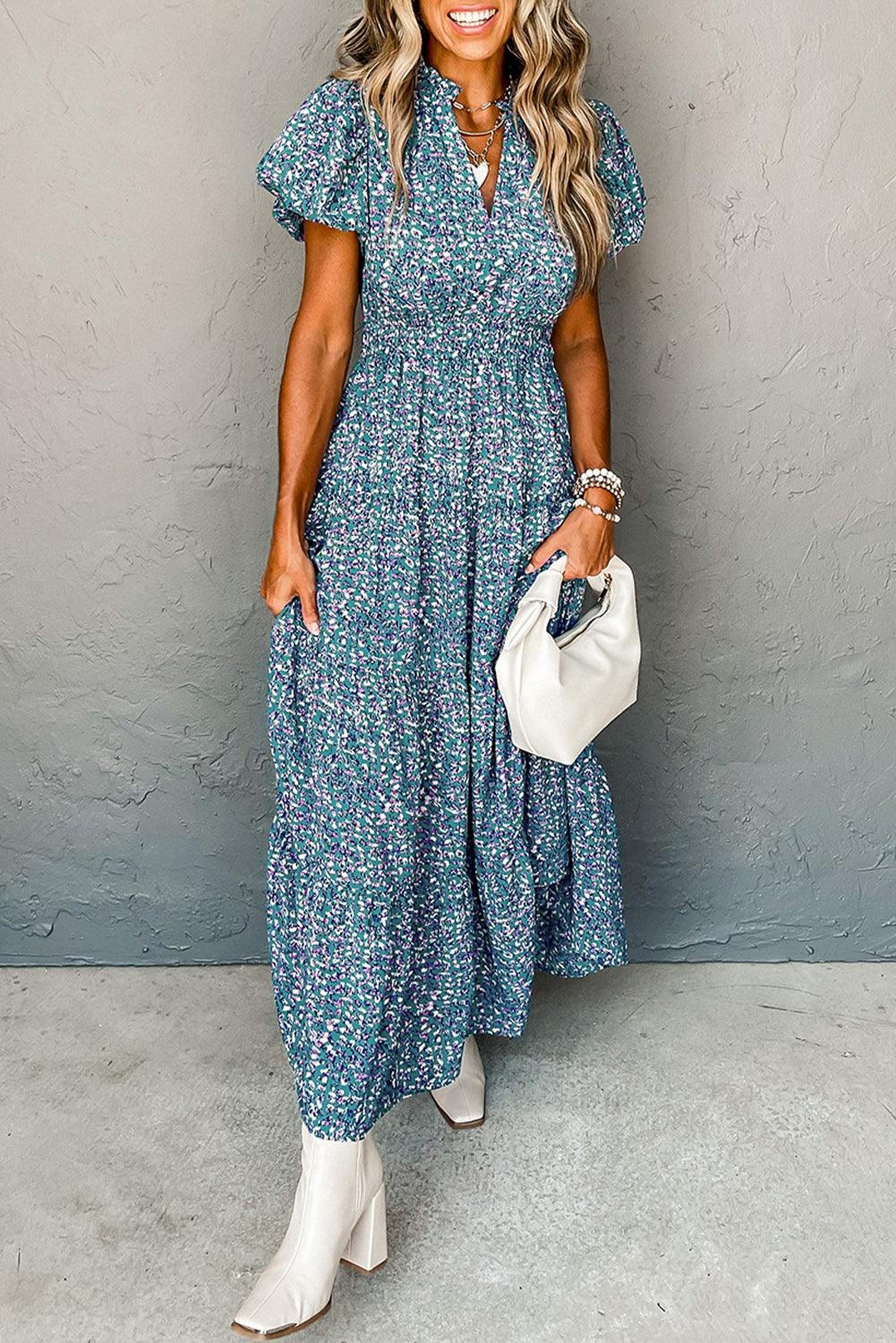 Robe maxi élégante à col en V avec imprimé floral