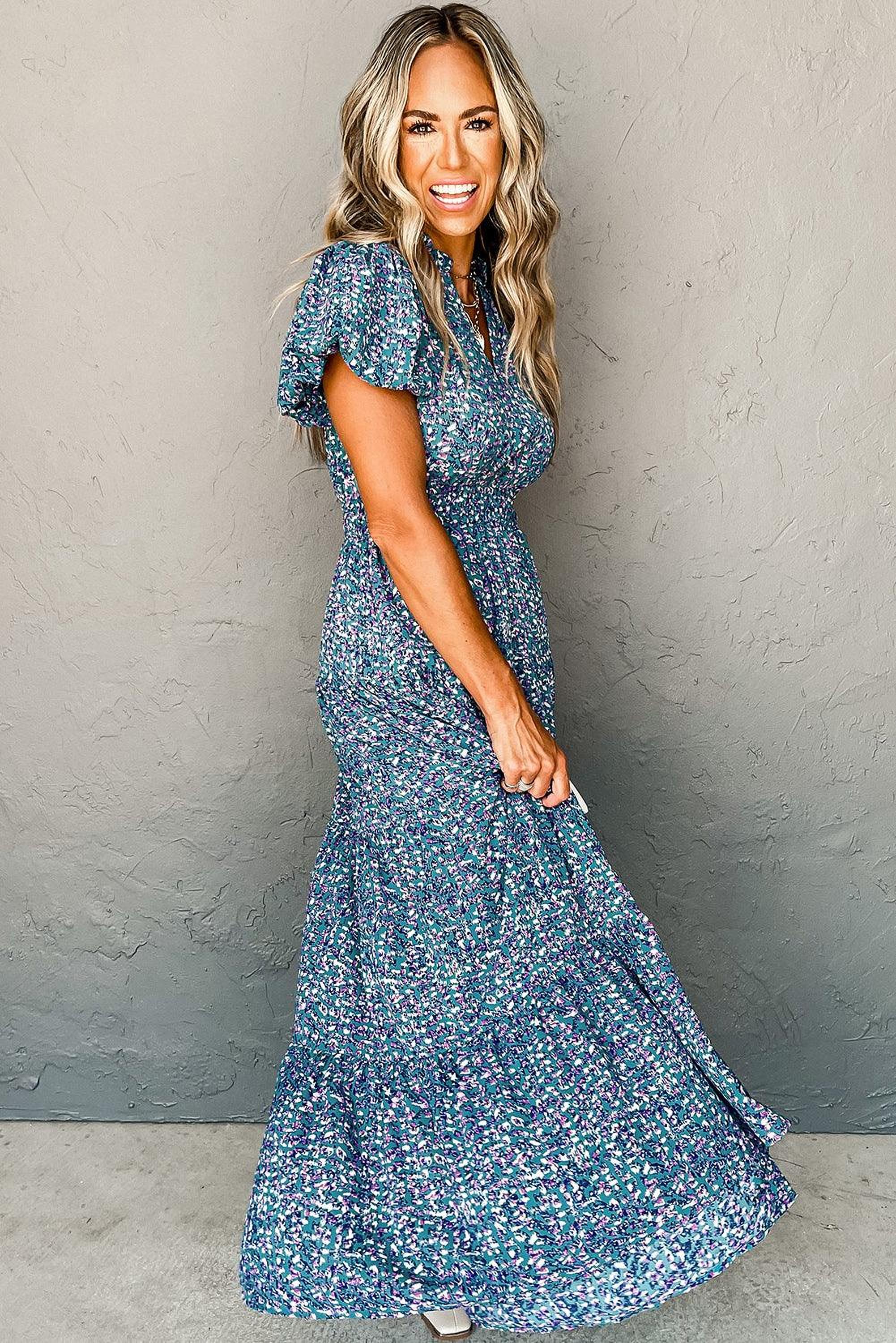 Robe maxi élégante à col en V avec imprimé floral