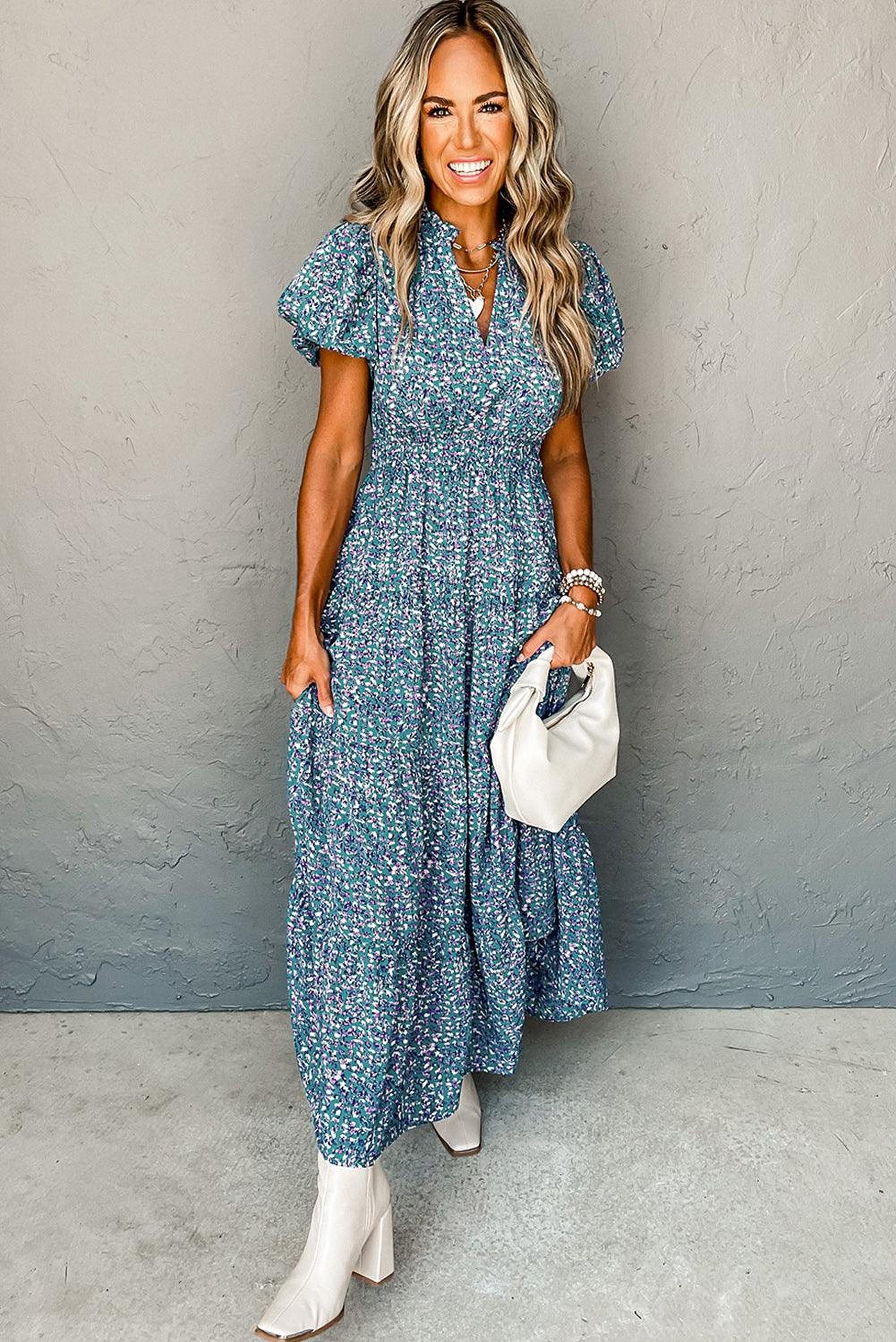 Robe maxi élégante à col en V avec imprimé floral