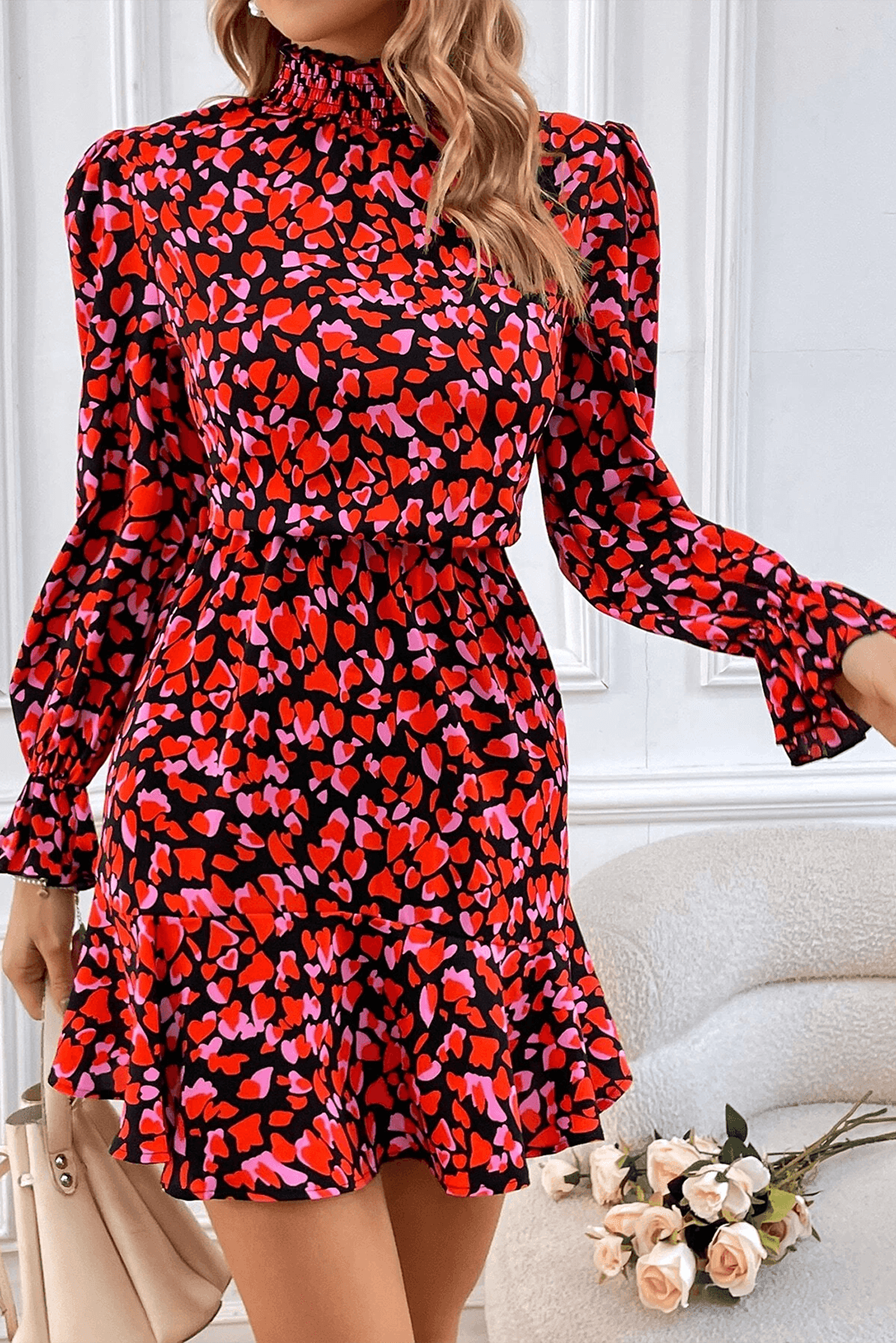 Mini-robe à imprimé cœurs avec manches longues