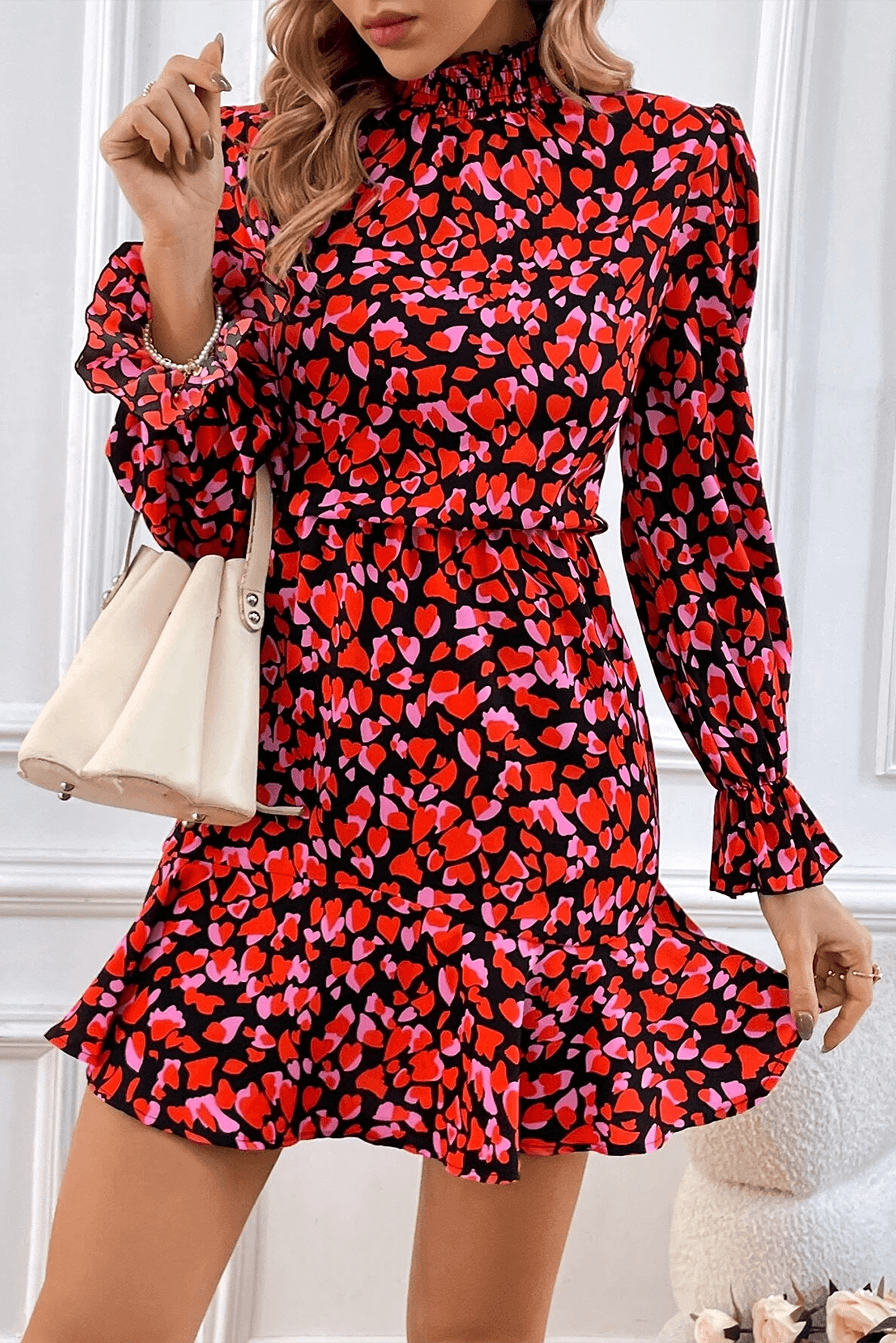 Mini-robe à imprimé cœurs avec manches longues