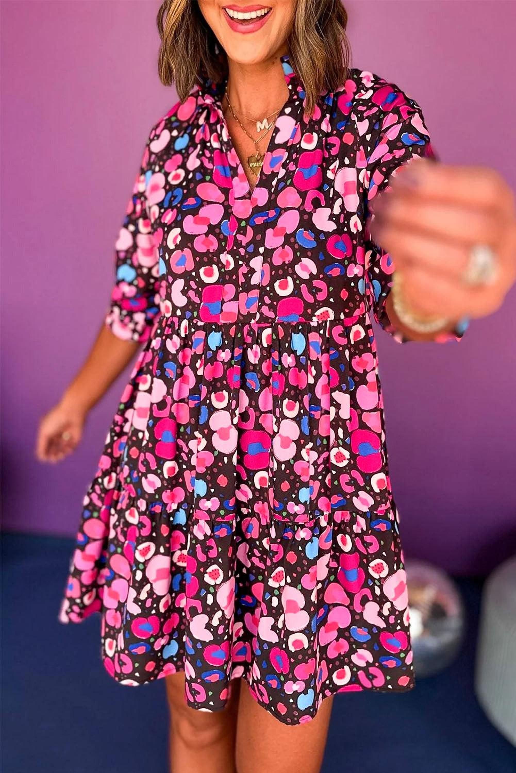 Robe à imprimé abstrait avec col en V et col, élégante et moderne