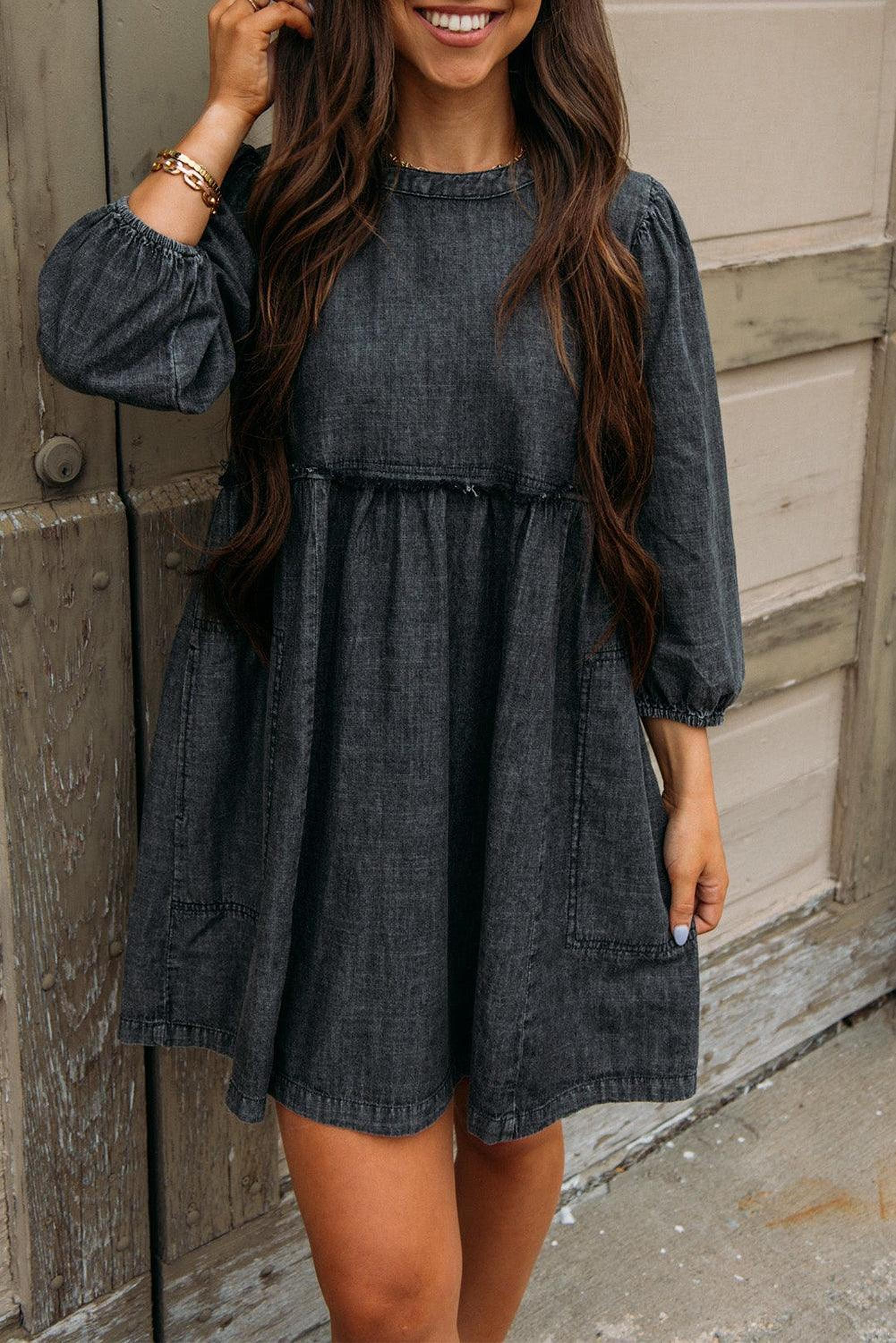 Robe en jean élégante à manches ballon et taille haute