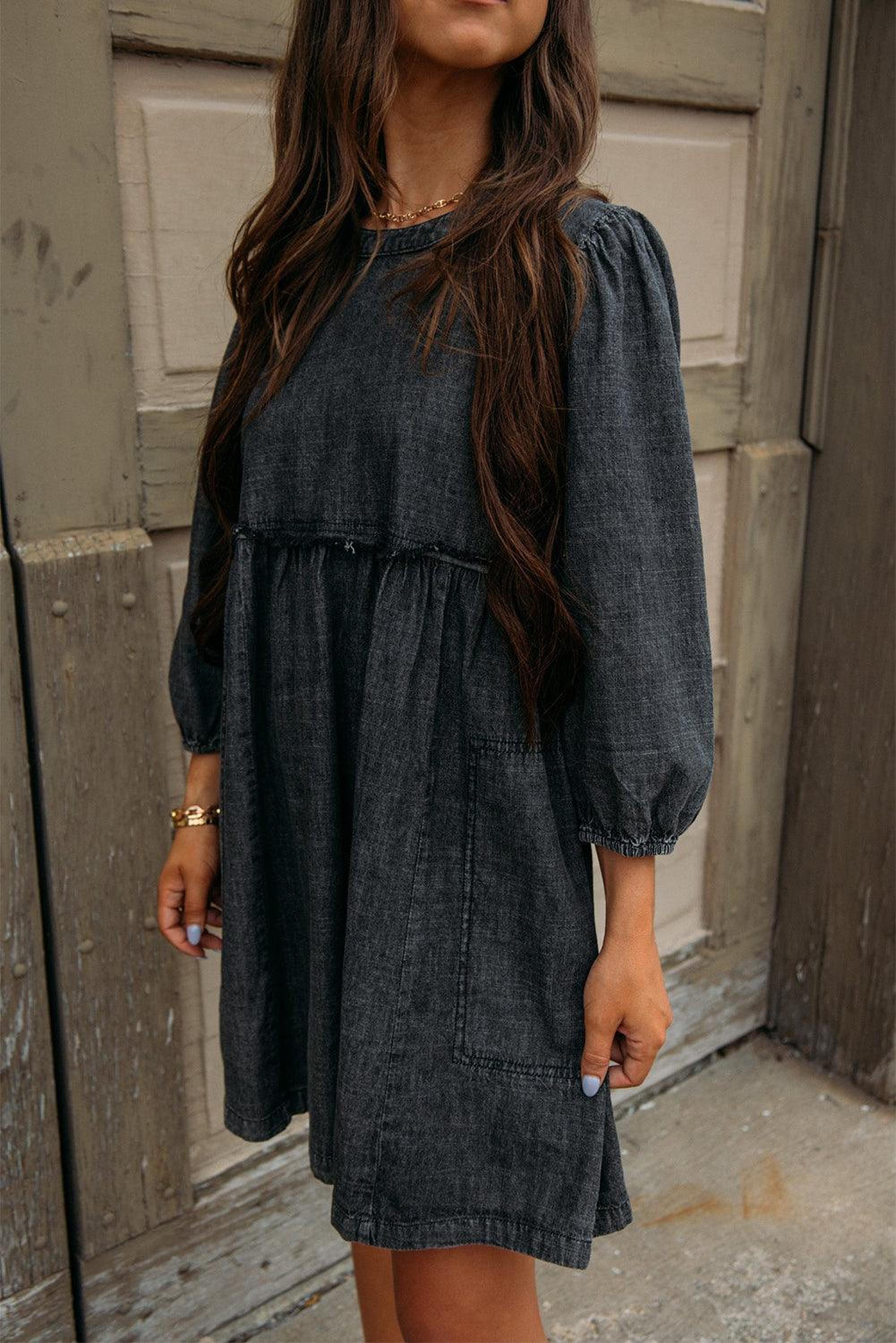 Robe en jean élégante à manches ballon et taille haute