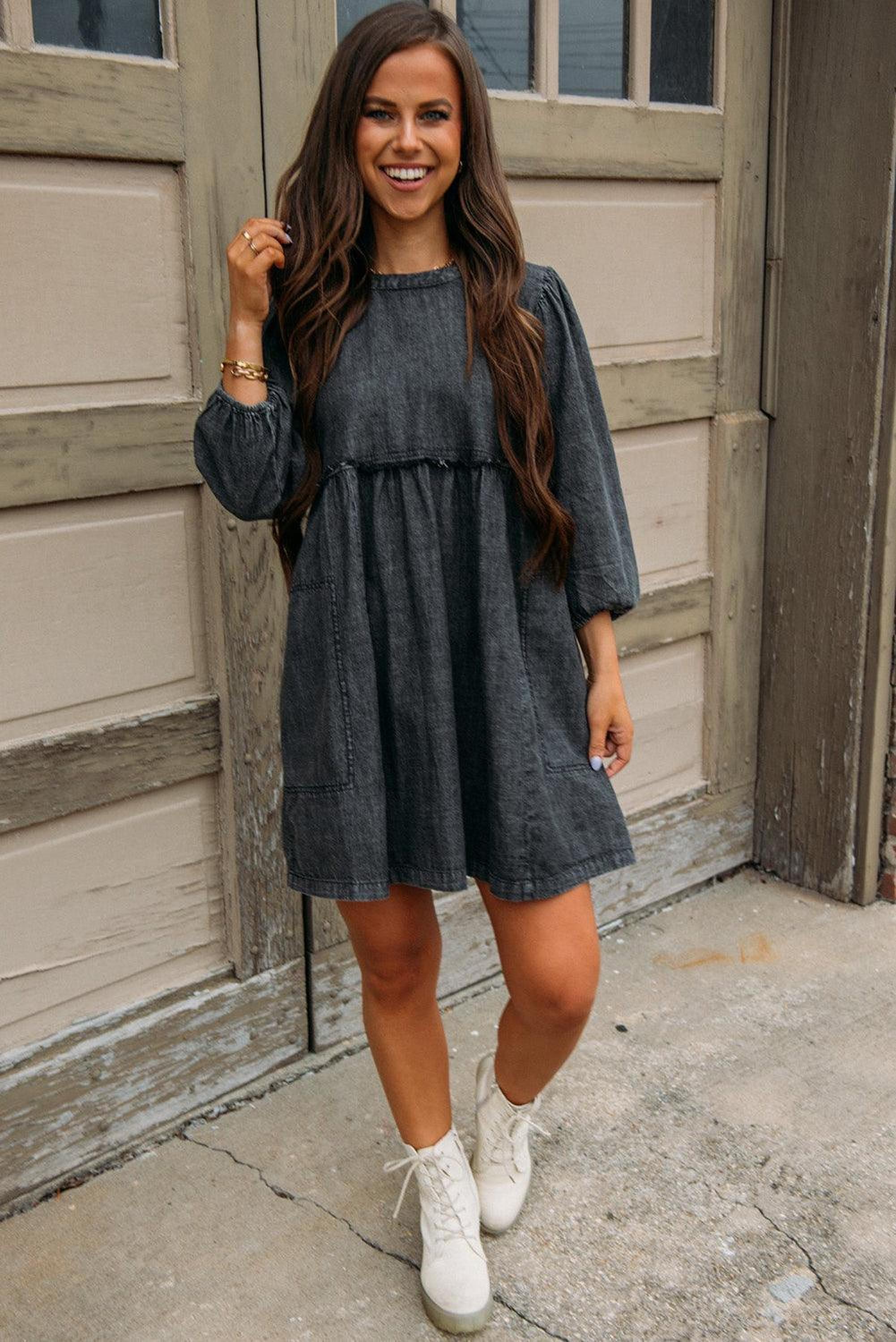 Robe en jean élégante à manches ballon et taille haute