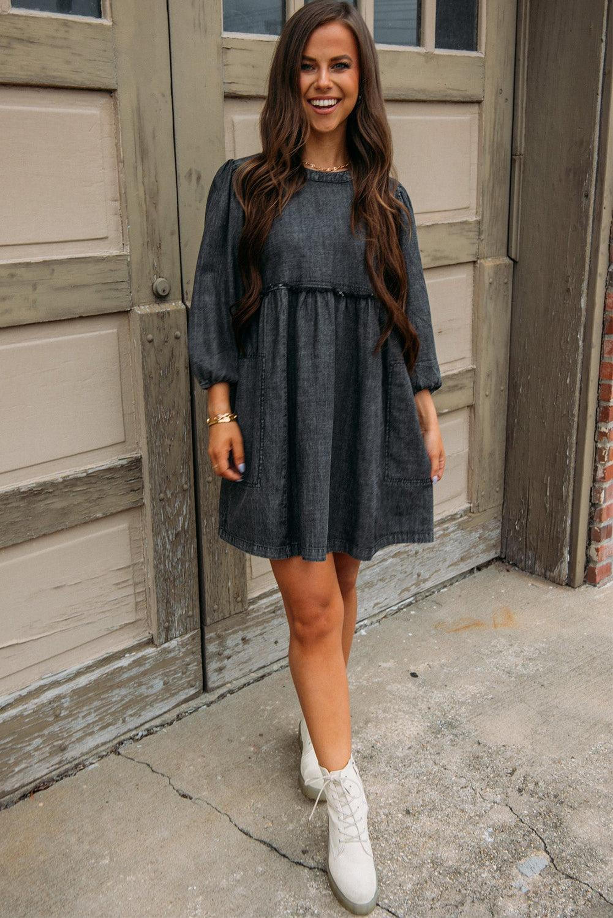 Robe en jean élégante à manches ballon et taille haute