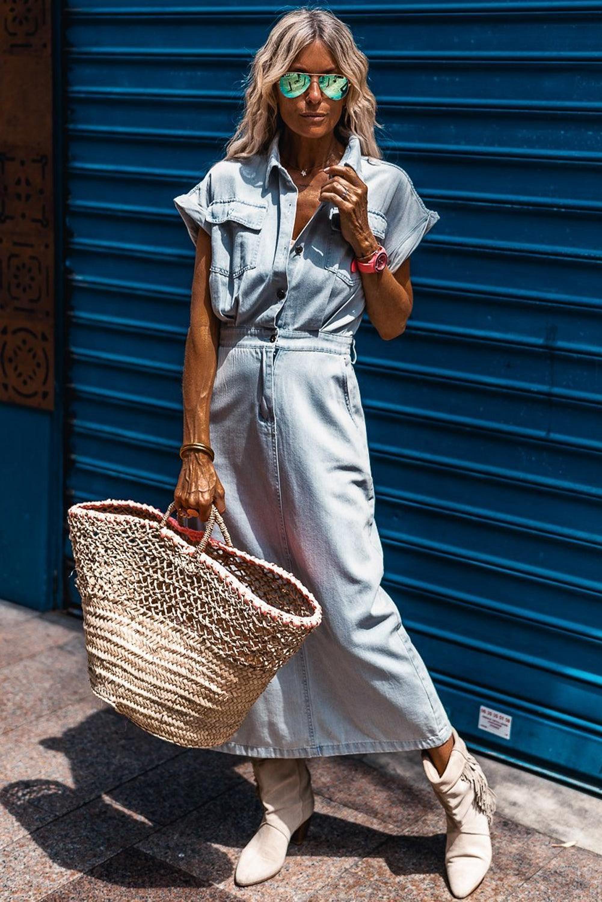 Robe en denim élégante avec manches courtes chauve-souris