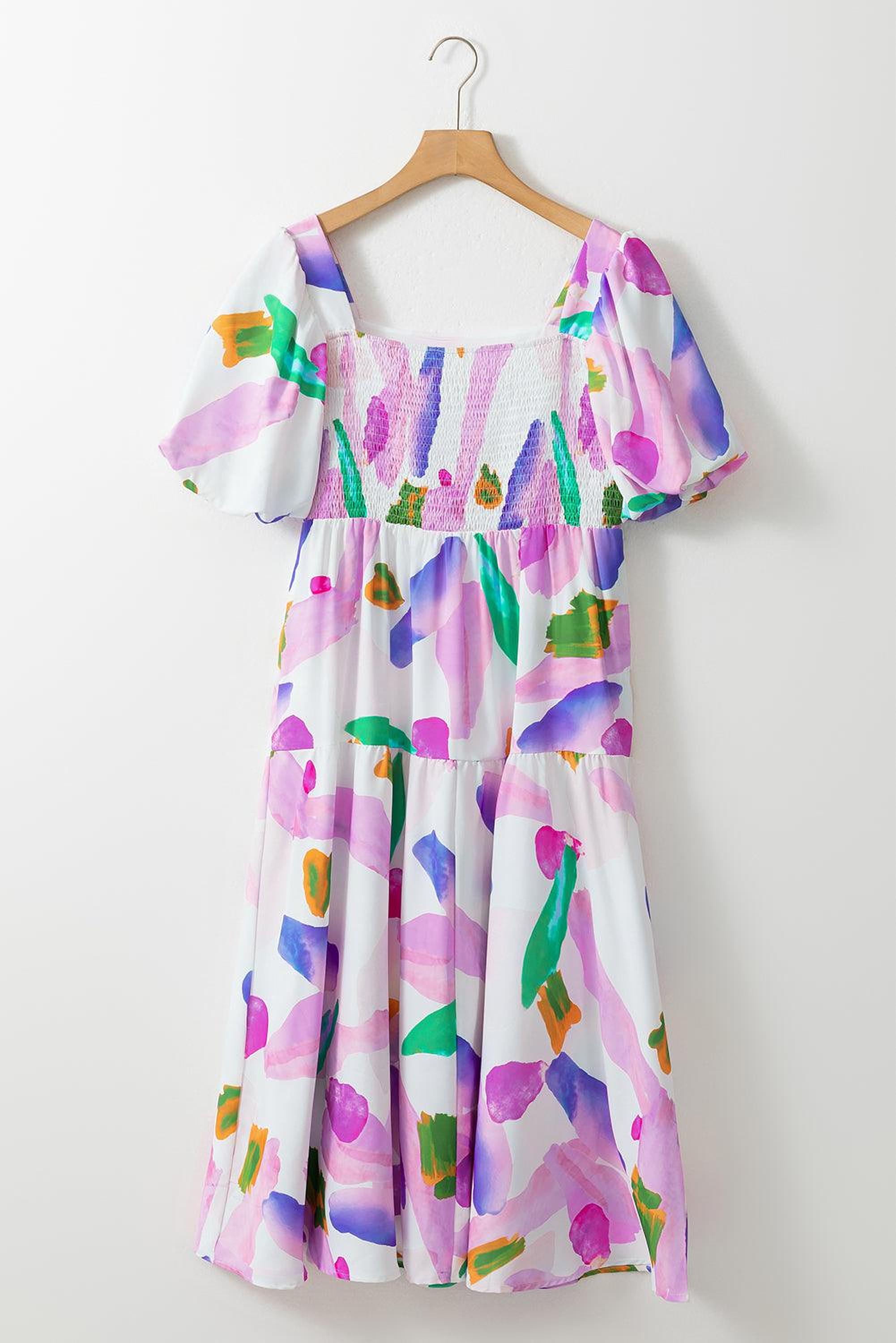 Robe midi imprimée abstraite avec manches bouffantes