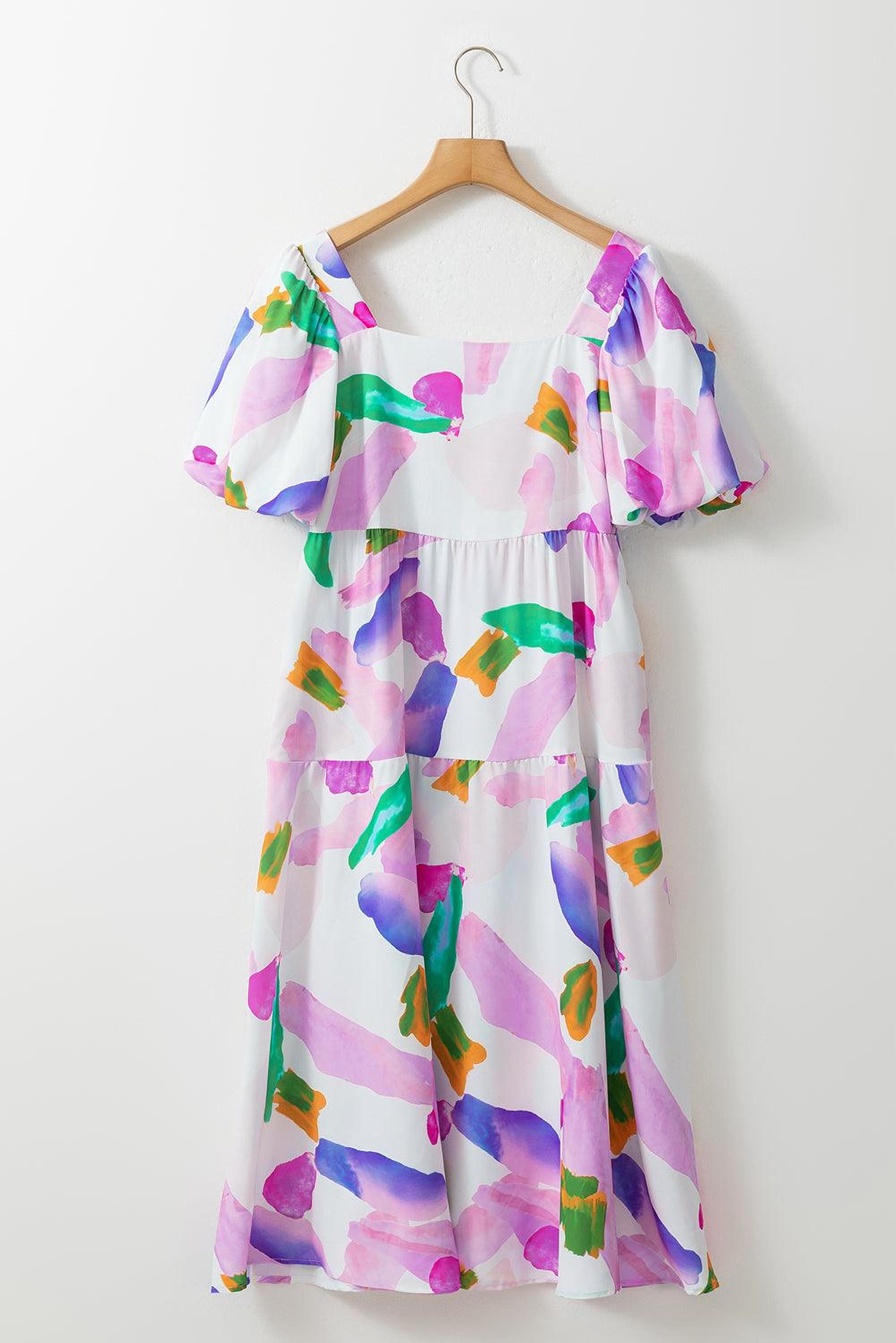 Robe midi imprimée abstraite avec manches bouffantes