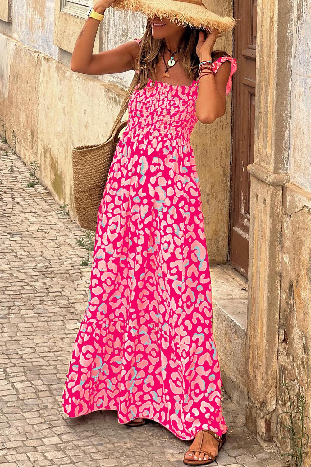 Robe longue à volants léopard avec taille haute smockée