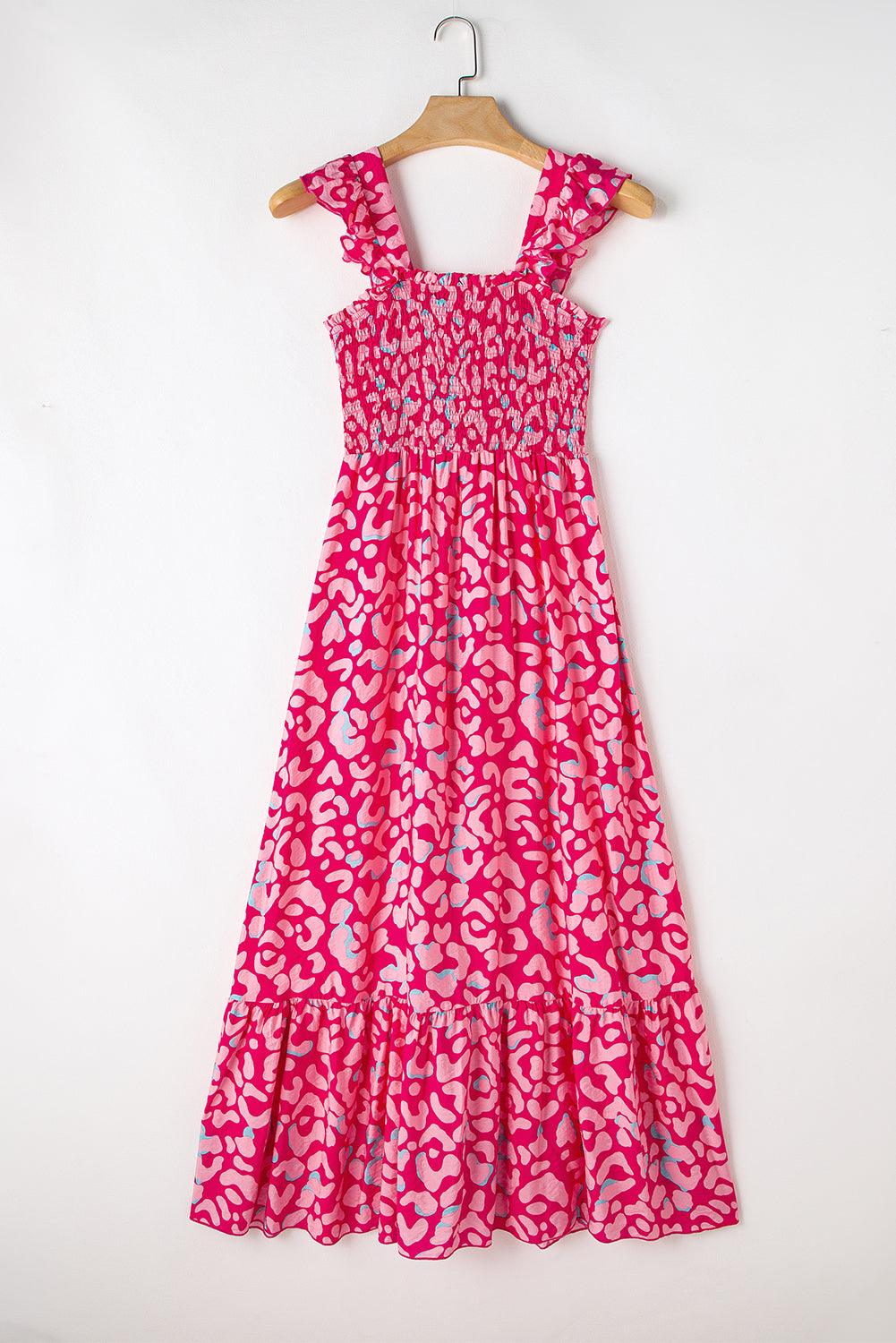 Robe longue à volants léopard avec taille haute smockée