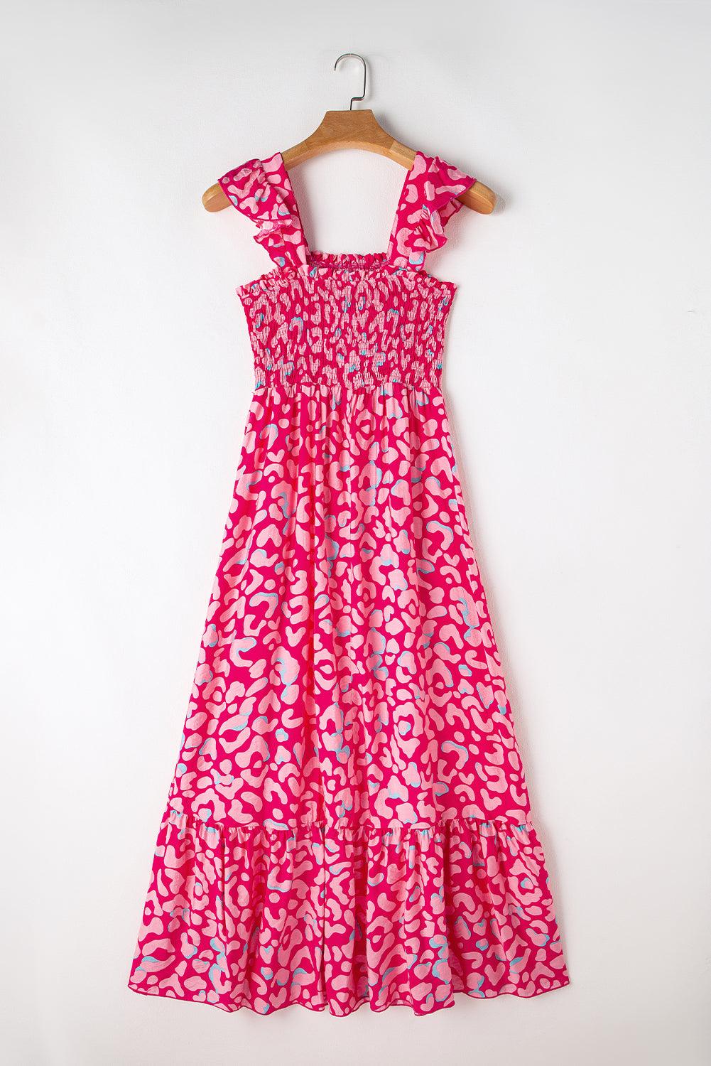 Robe longue à volants léopard avec taille haute smockée