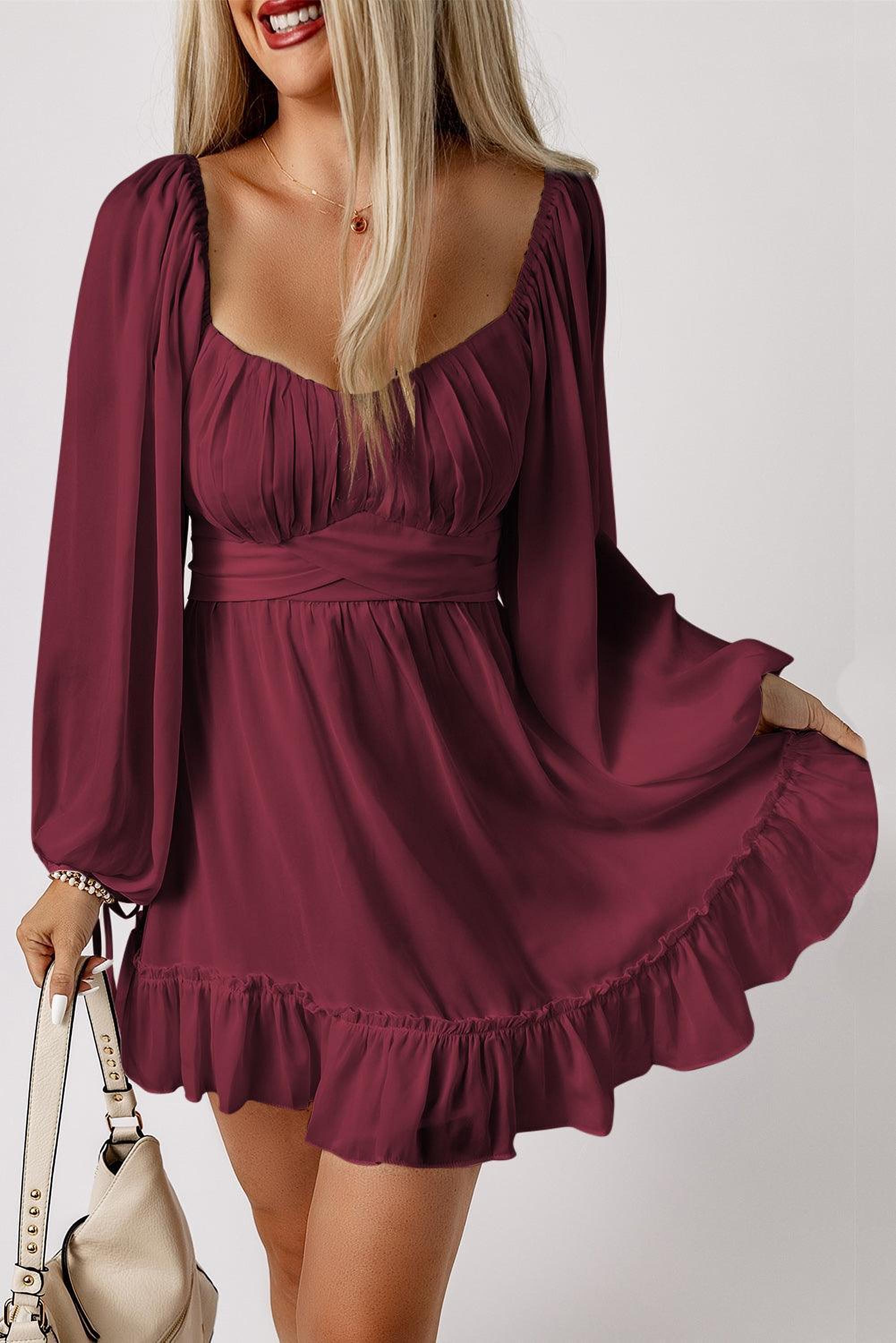 Mini robe rouge éclatante à volants avec taille haute et décolleté carré