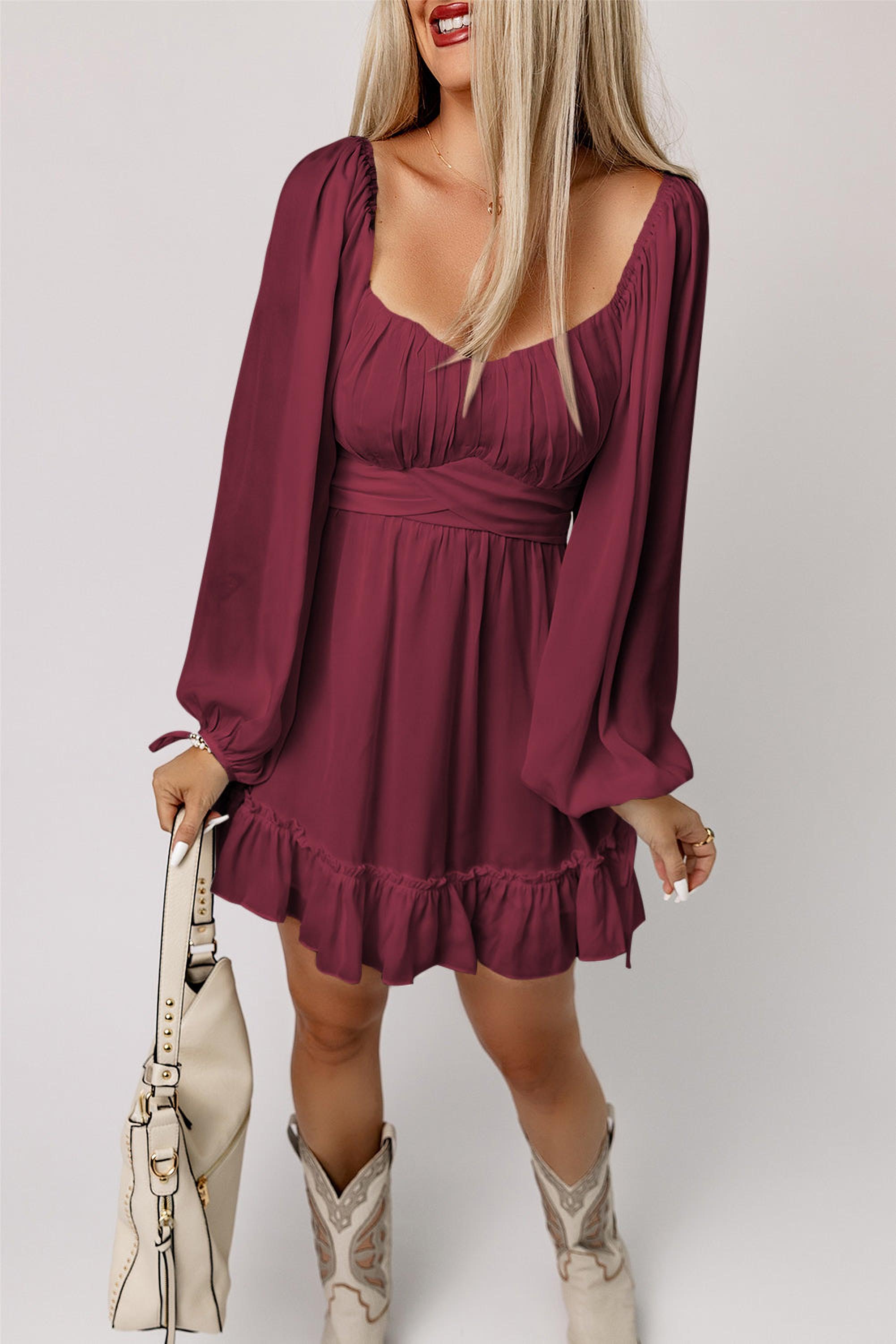 Mini robe rouge éclatante à volants avec taille haute et décolleté carré