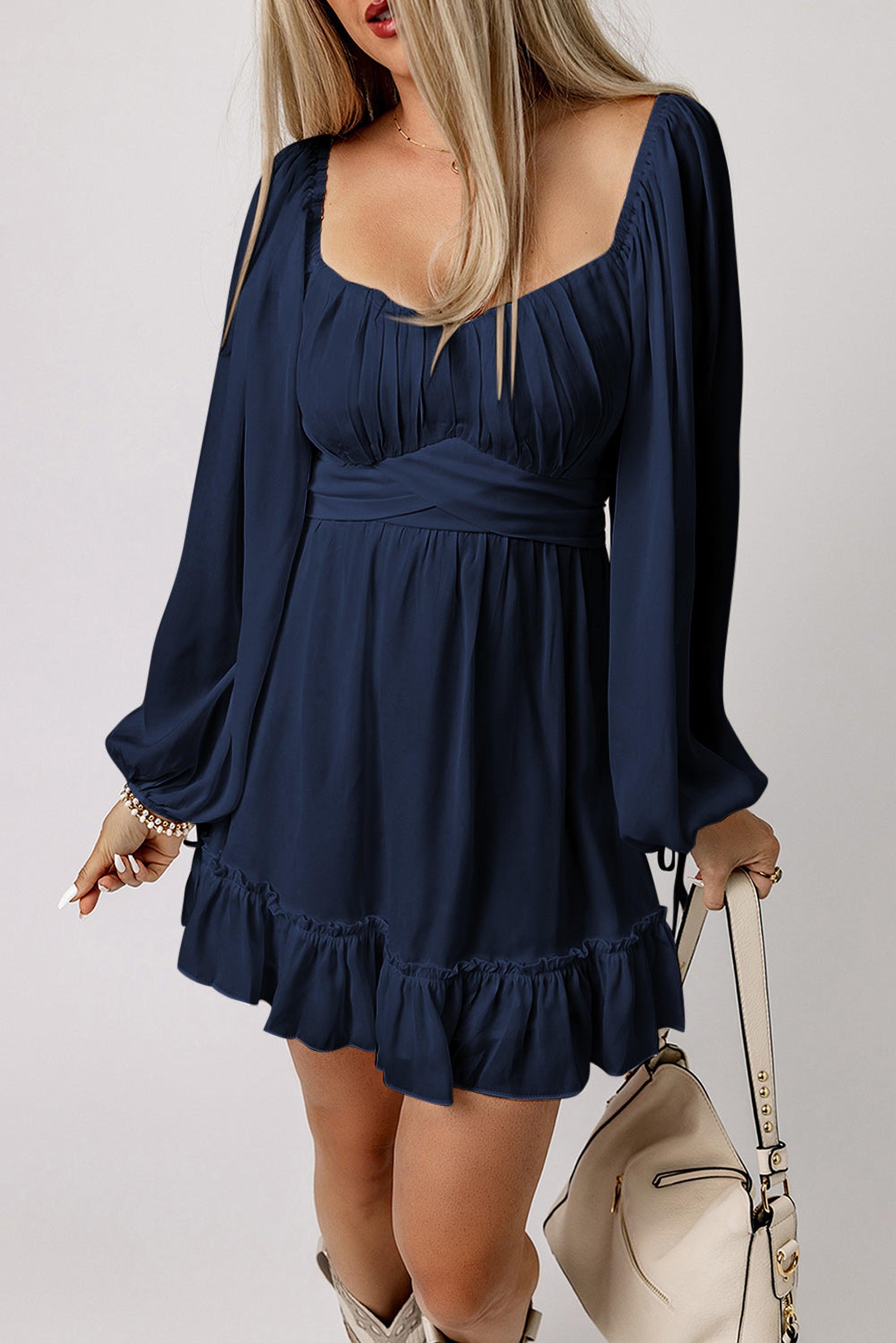 Mini robe rouge éclatante à volants avec taille haute et décolleté carré