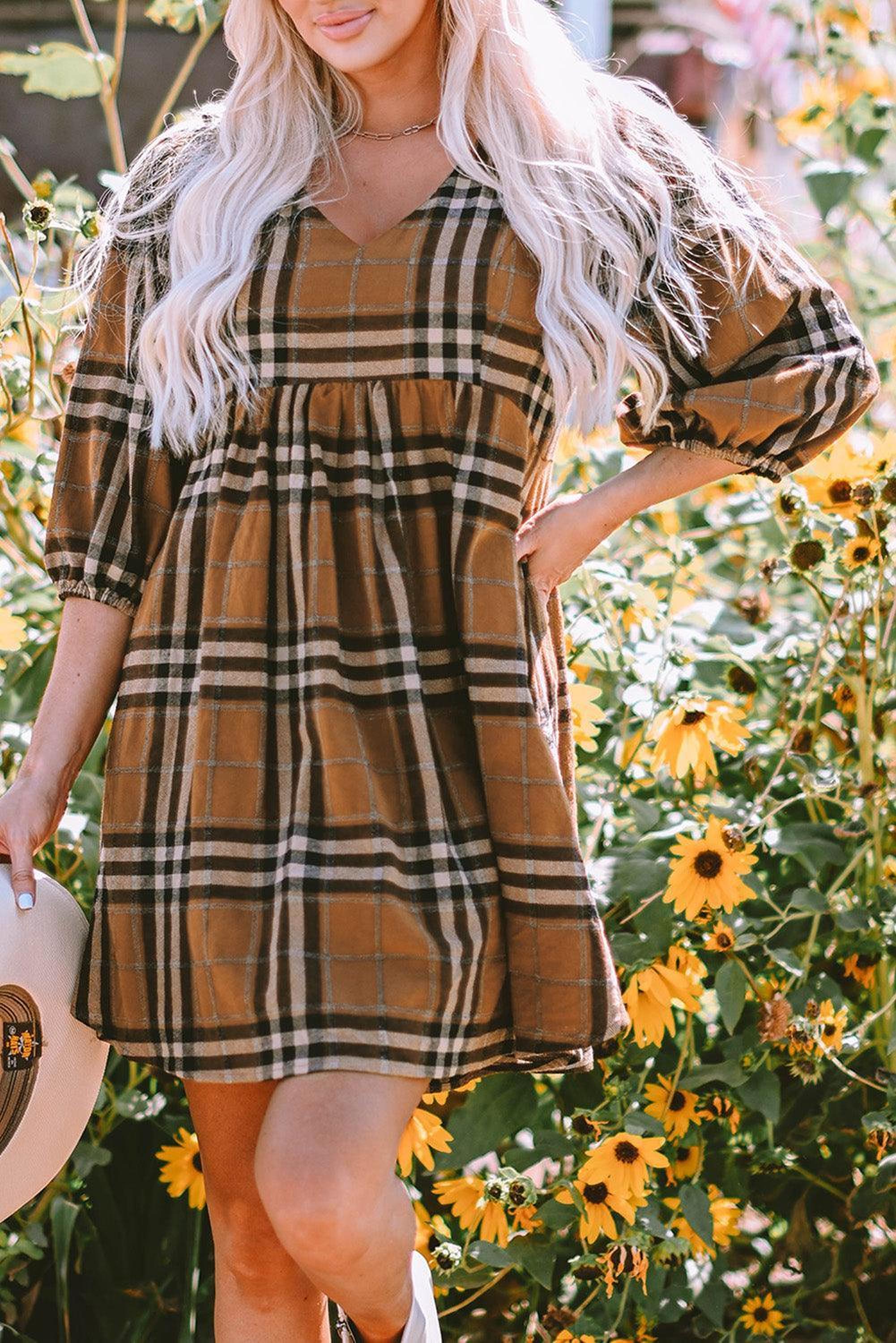 Robe babydoll à taille empire, motif carreaux classique