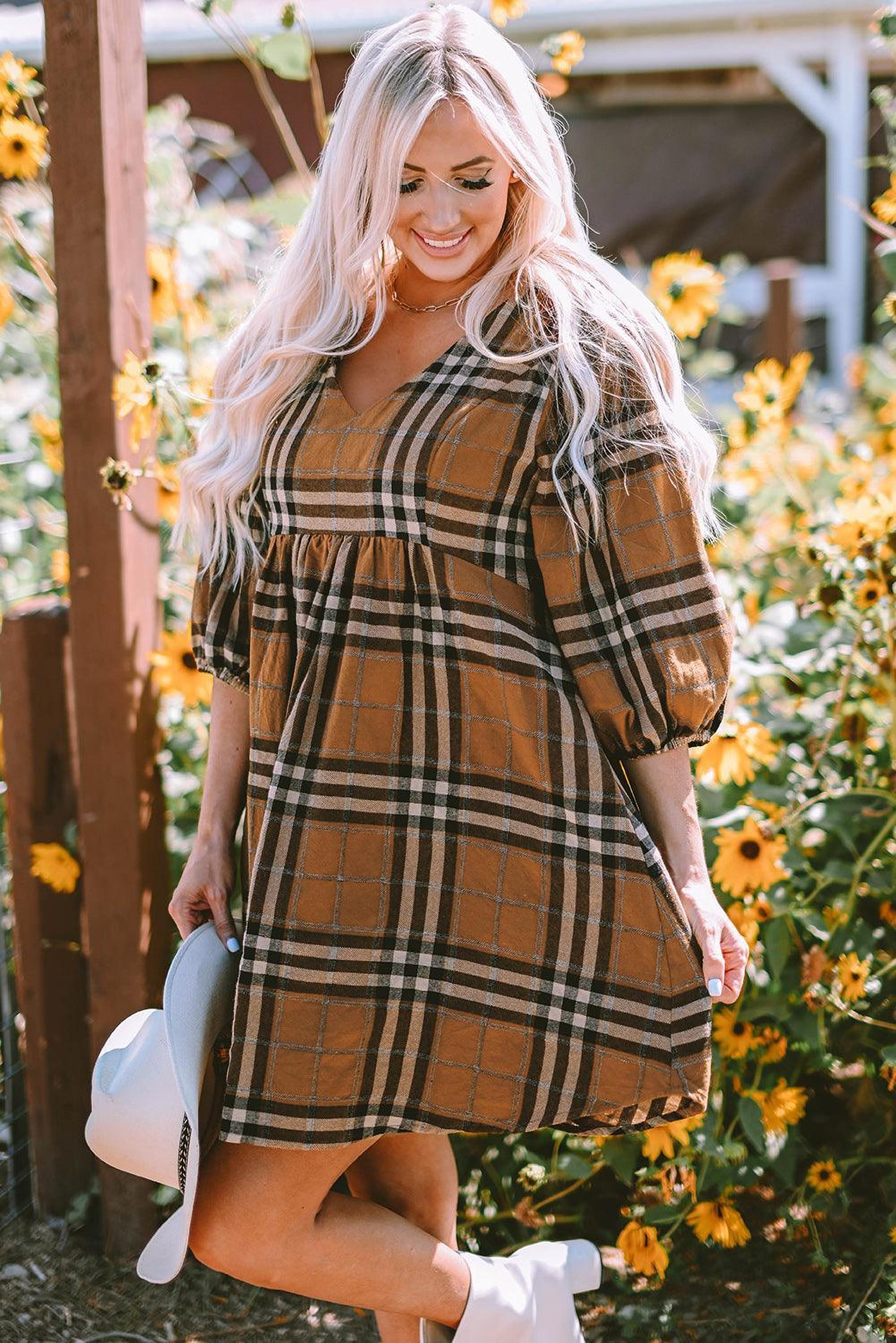 Robe babydoll à taille empire, motif carreaux classique