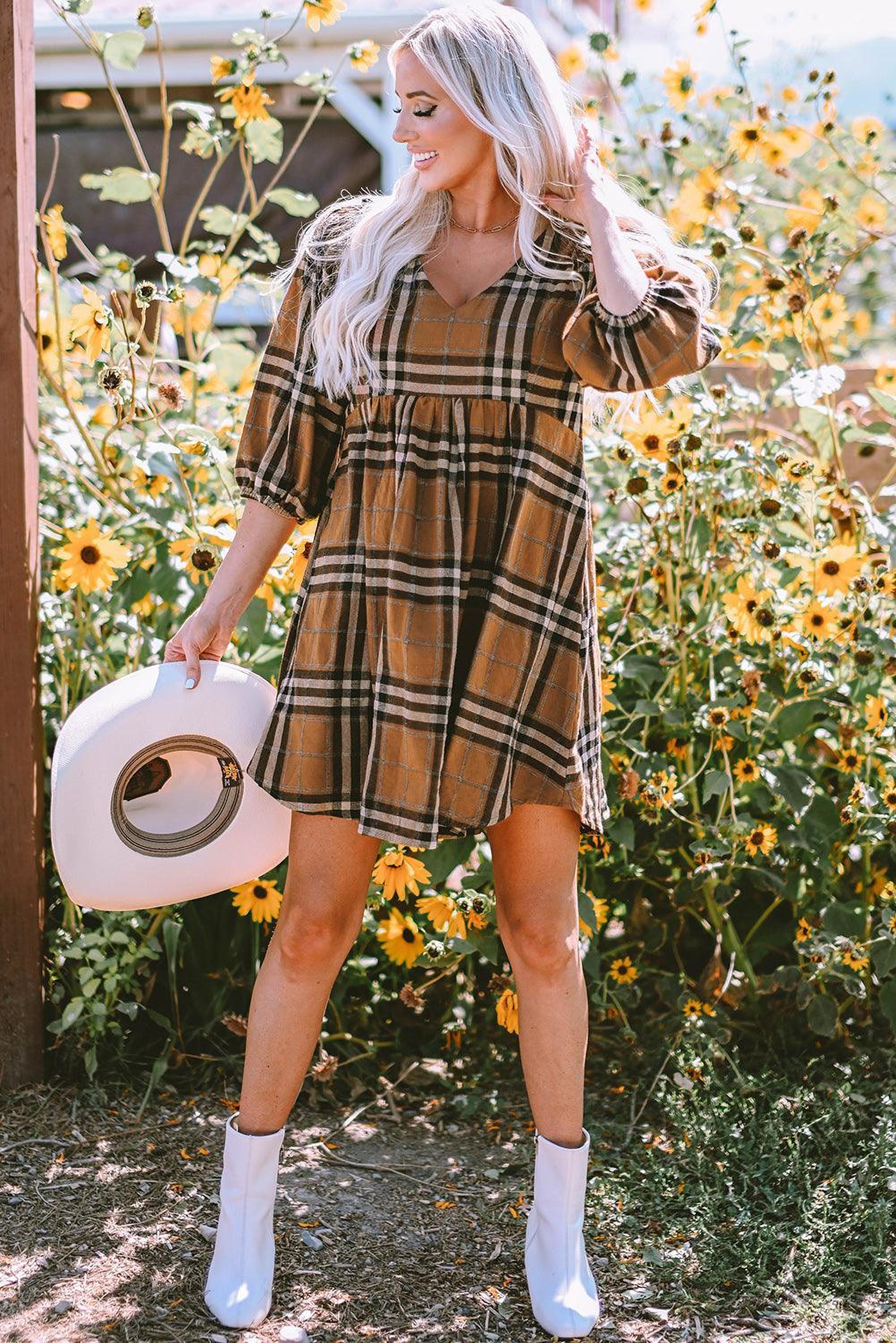 Robe babydoll à taille empire, motif carreaux classique