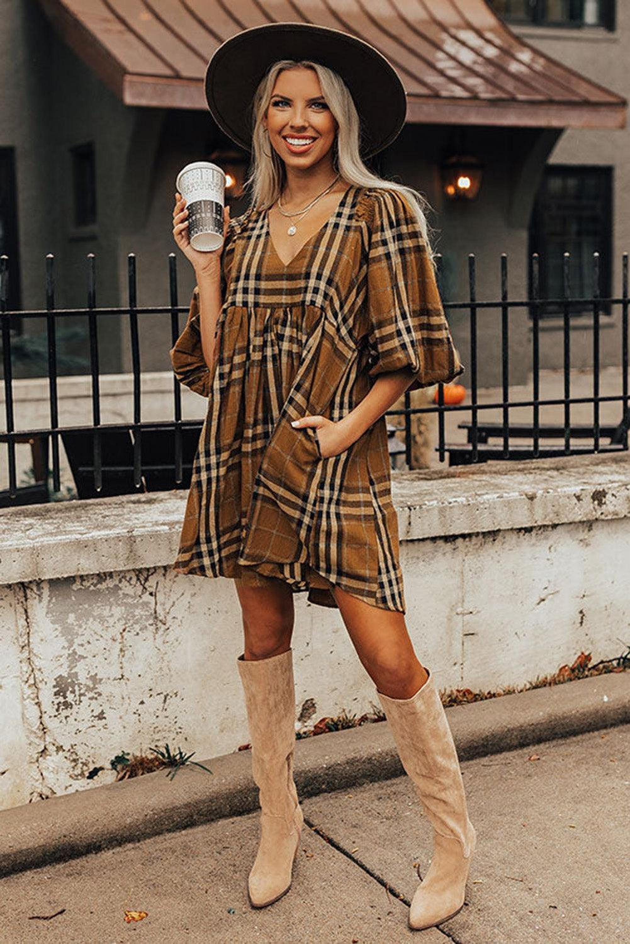 Robe babydoll à taille empire, motif carreaux classique