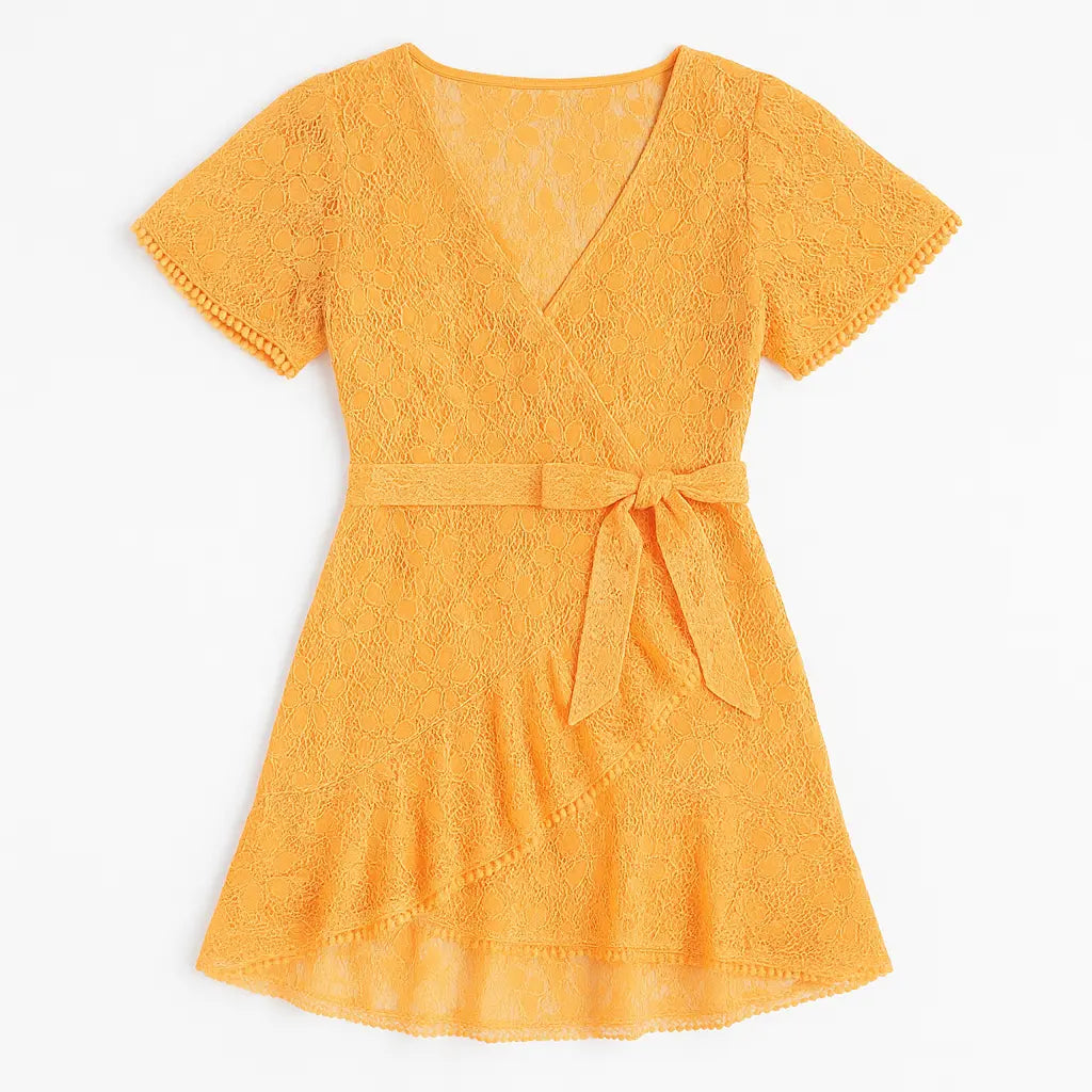 Robe Envolée | Élégante Robe Portefeuille à Manches en Dentelle avec Décolleté en V