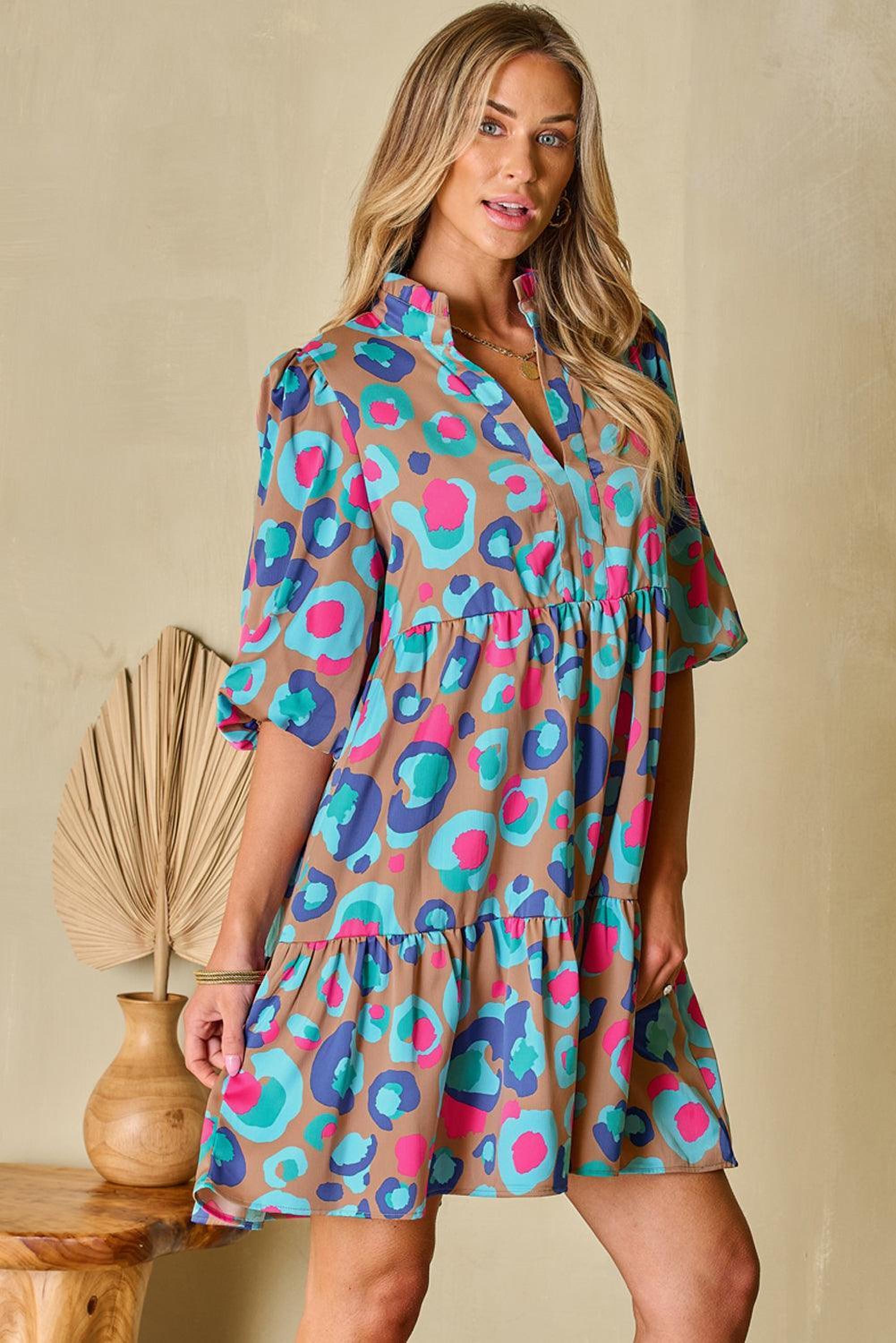 Robe imprimée léopard avec volants et col fendu élégante pour femmes