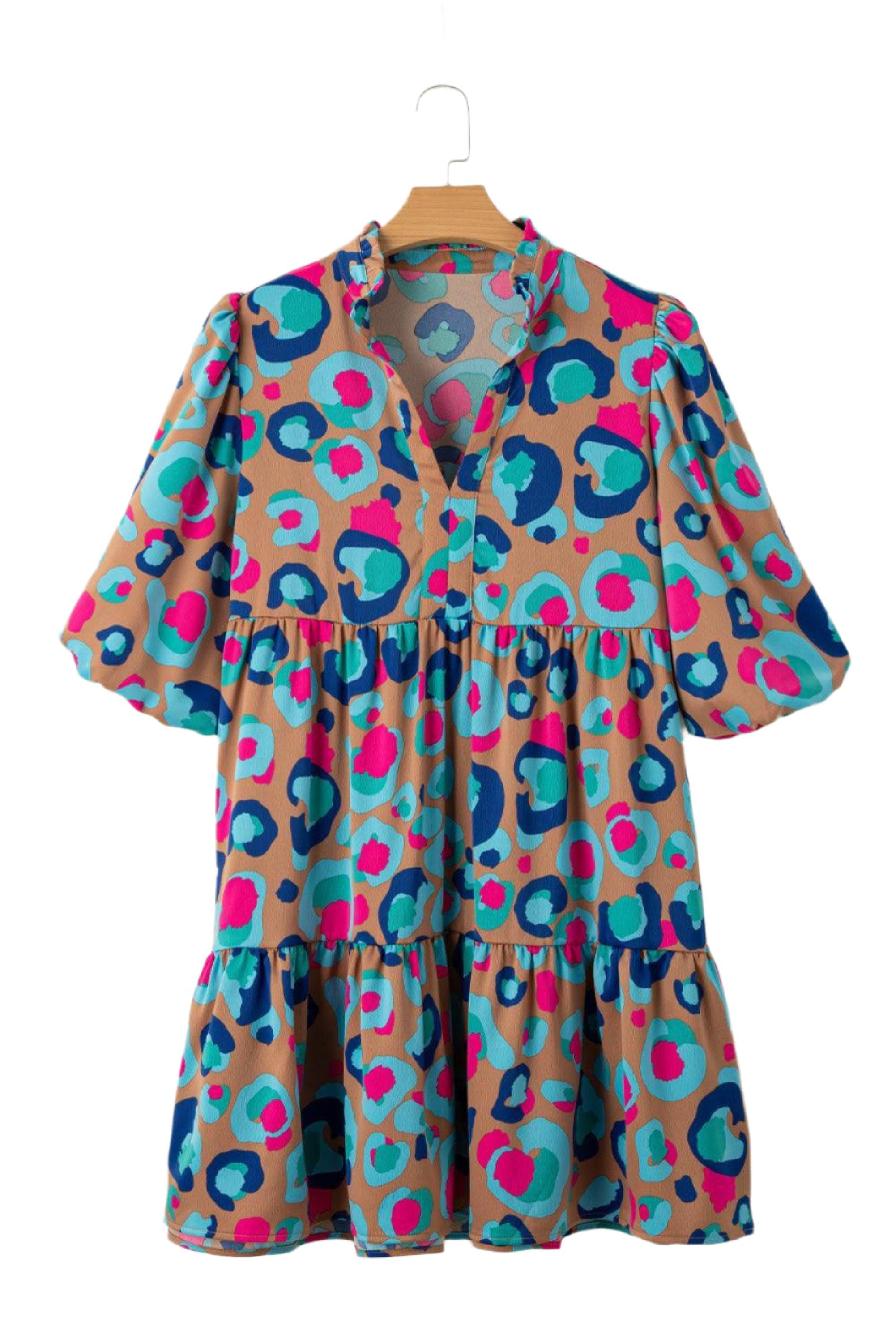 Robe imprimée léopard avec volants et col fendu élégante pour femmes