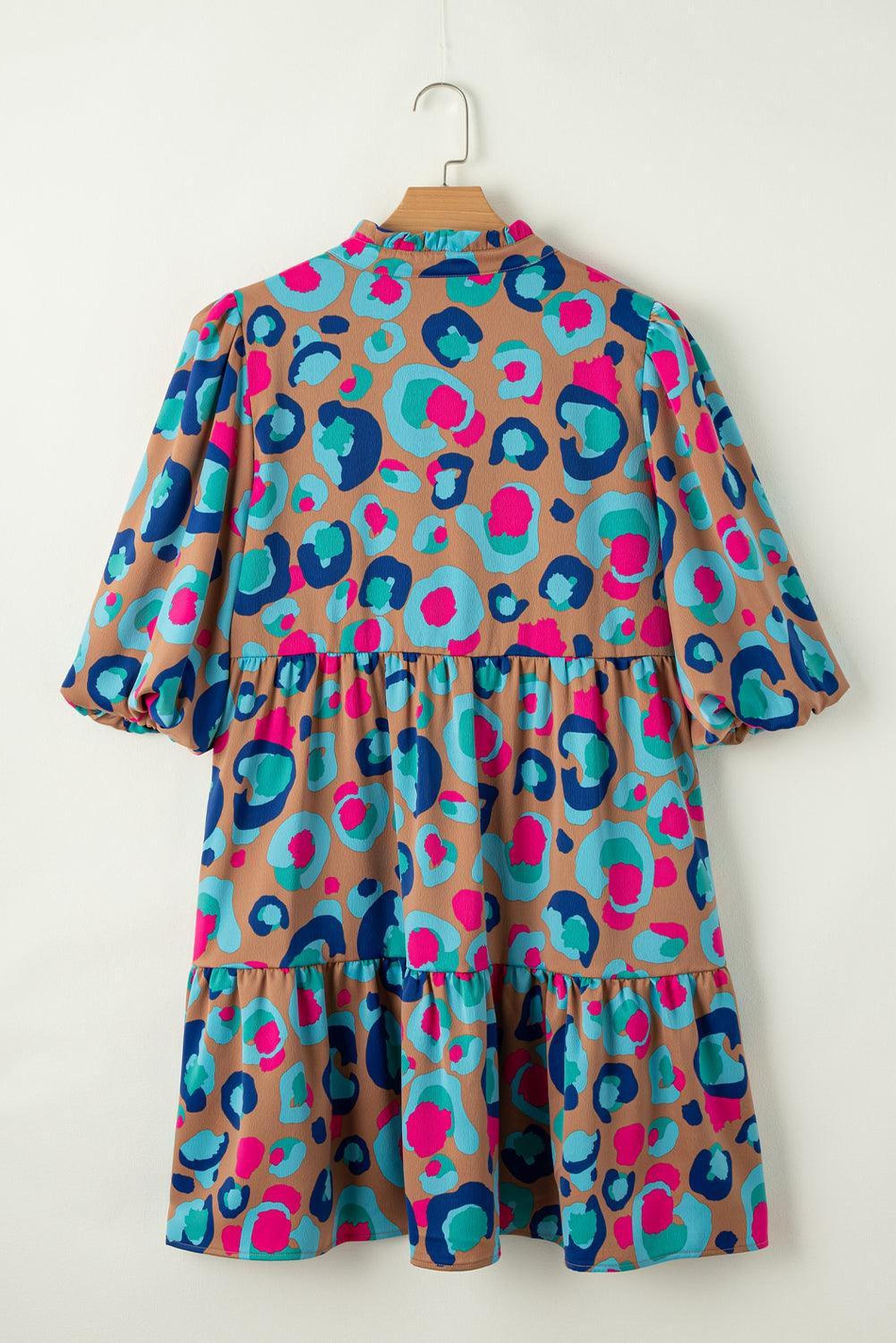 Robe imprimée léopard avec volants et col fendu élégante pour femmes