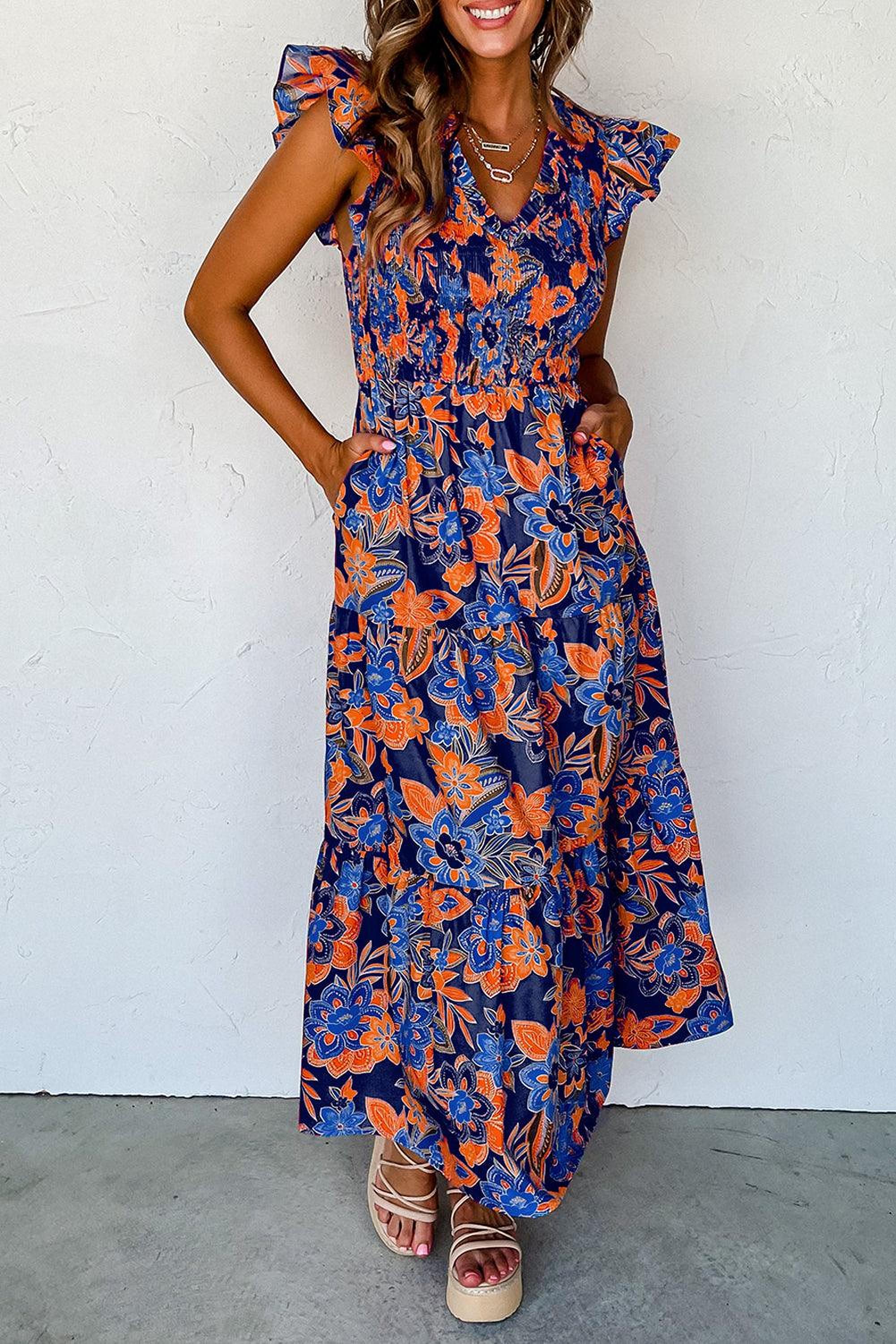 Robe florale bohème avec encolure en V et volants