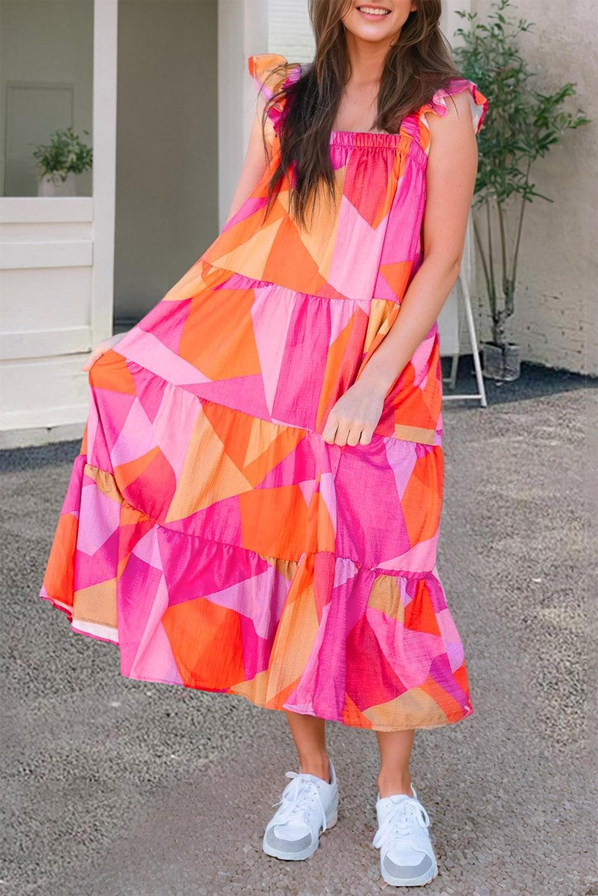 Robe midi géométrique avec ruches et volants, élégante et fluide