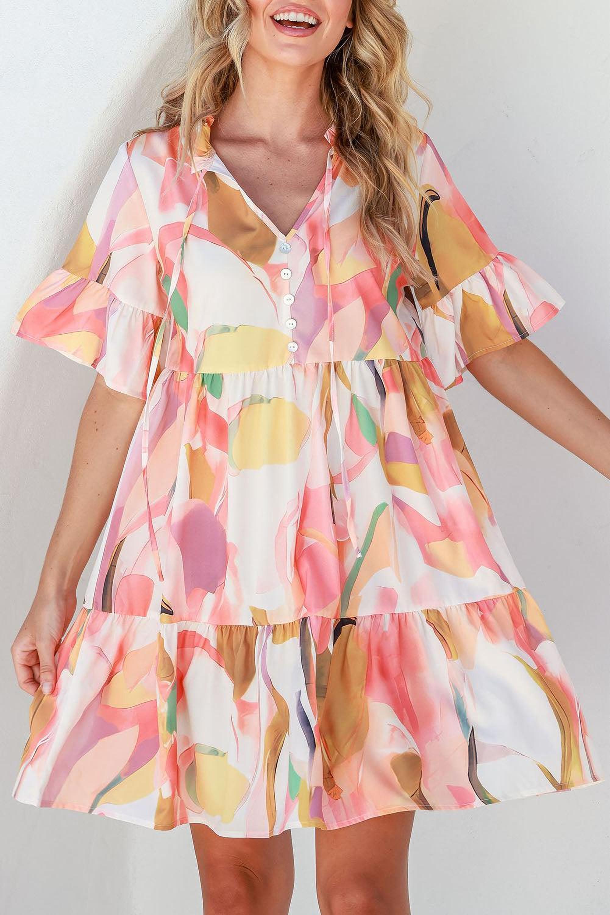 Robe avec motif géométrique, volants et col en V