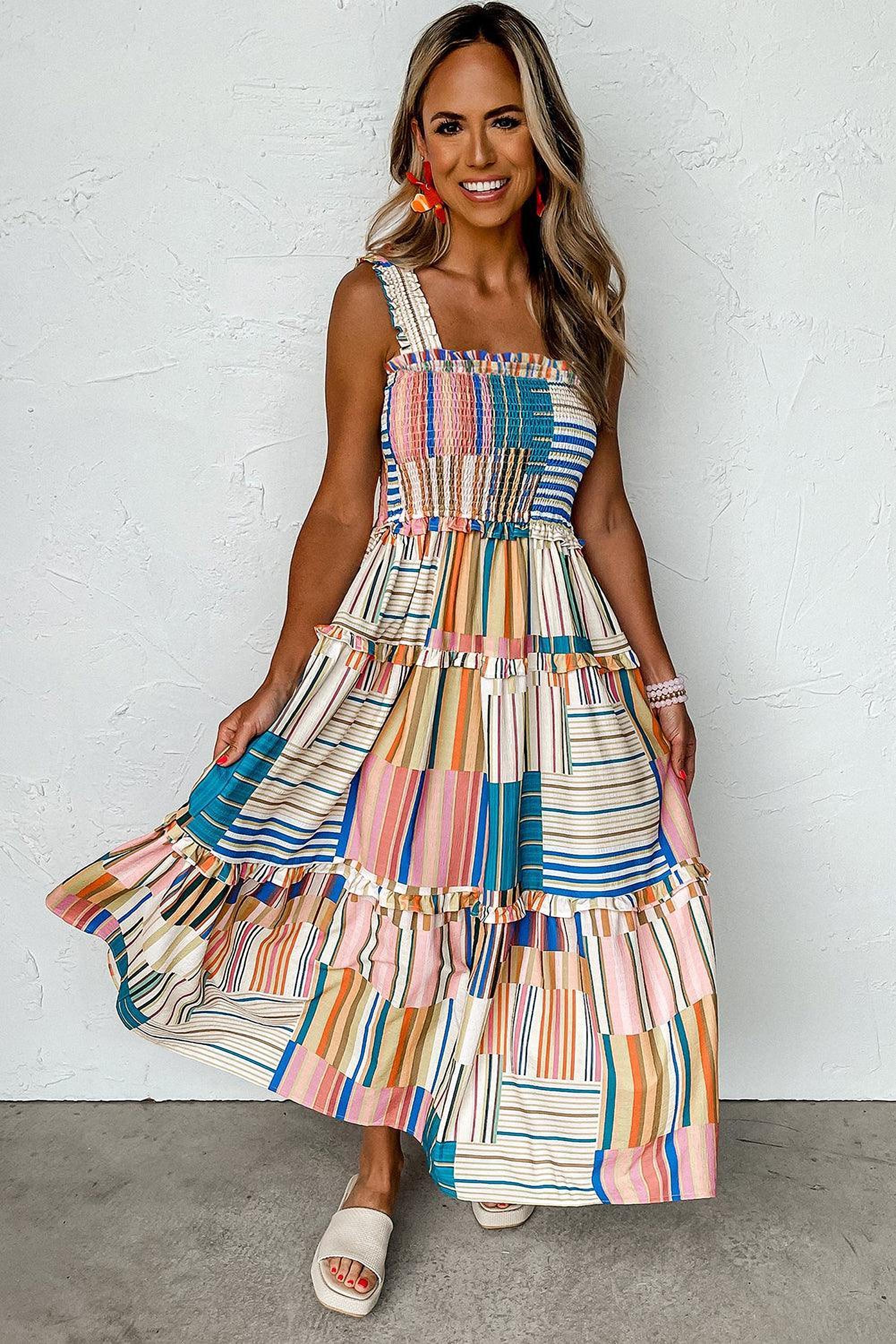 Robe maxi rayée avec effet smock