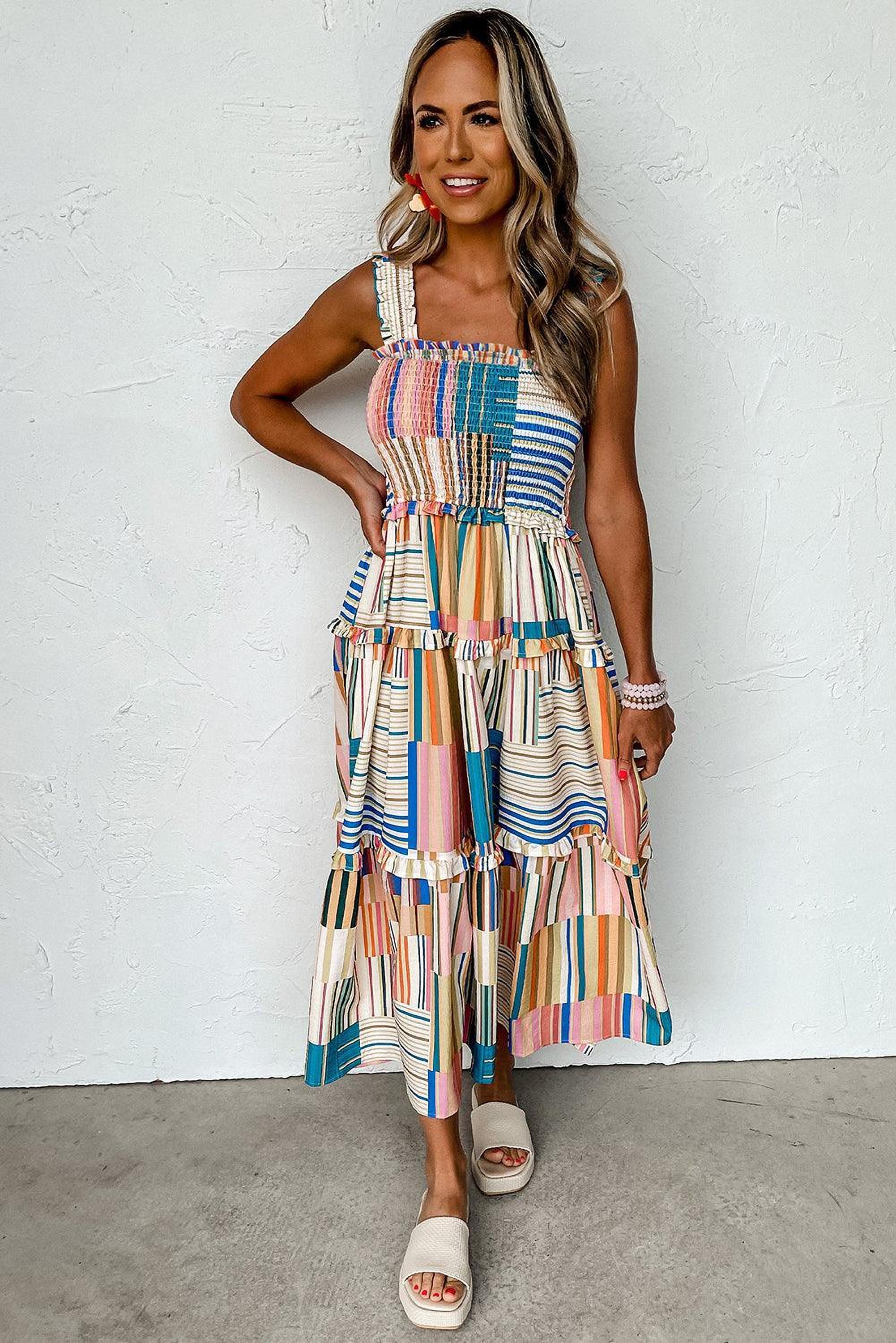 Robe maxi rayée avec effet smock