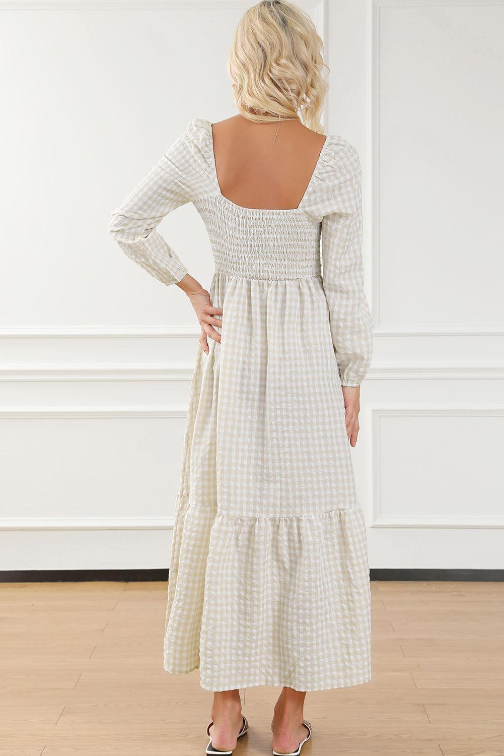 Robe maxi élégante avec motif à carreaux et volants