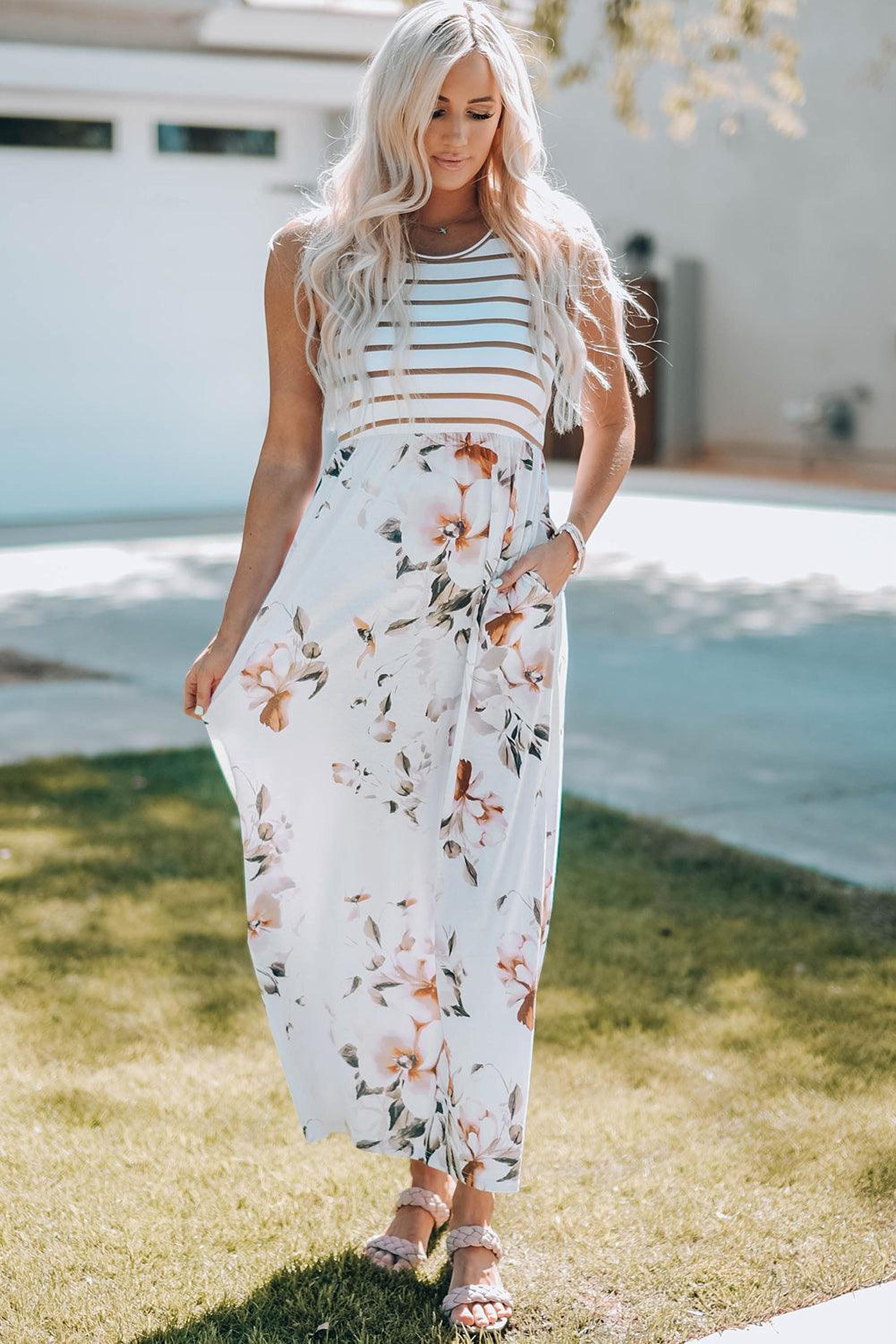 Robe maxi à rayures florales avec poches