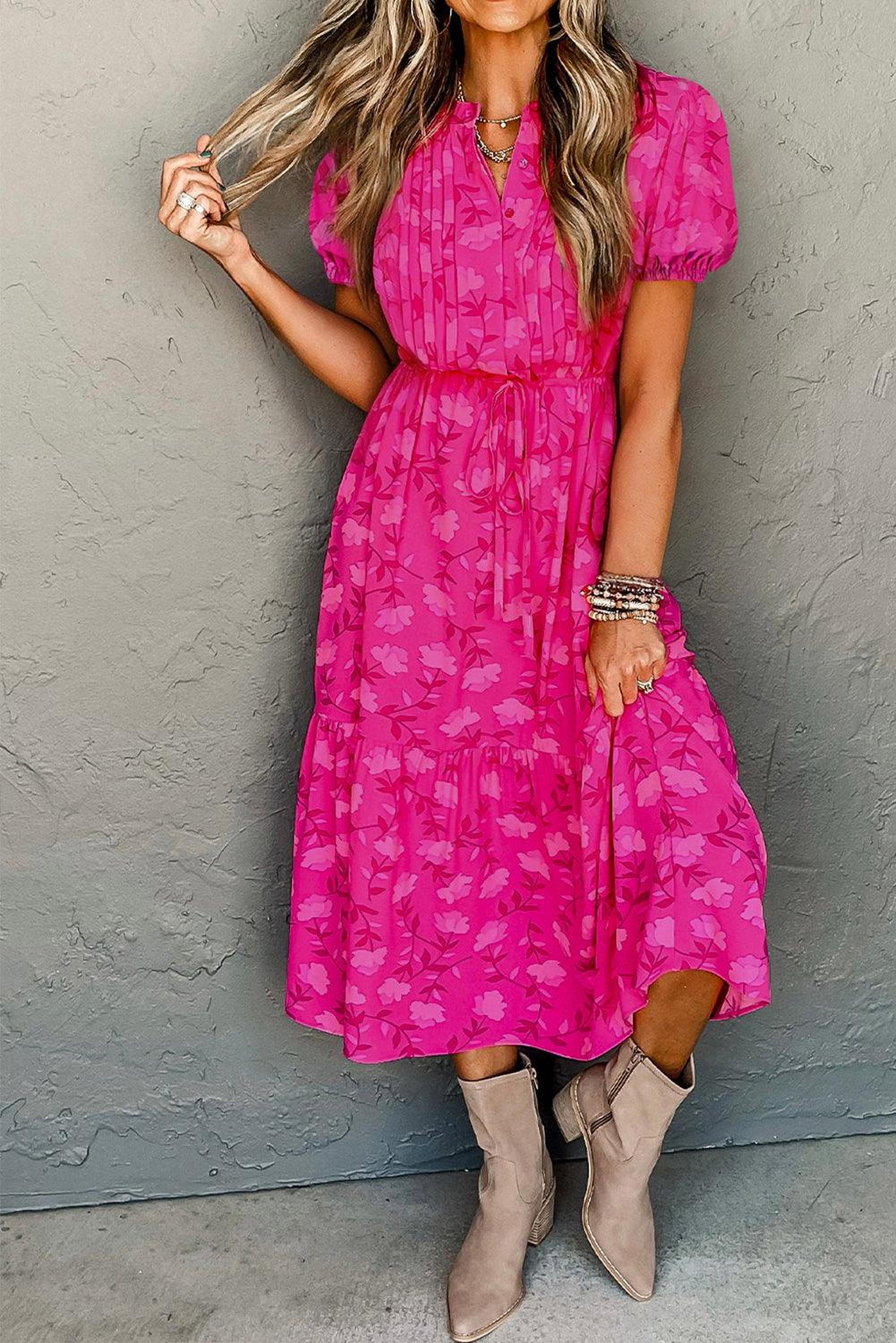 Robe midi plissée avec motifs de roses