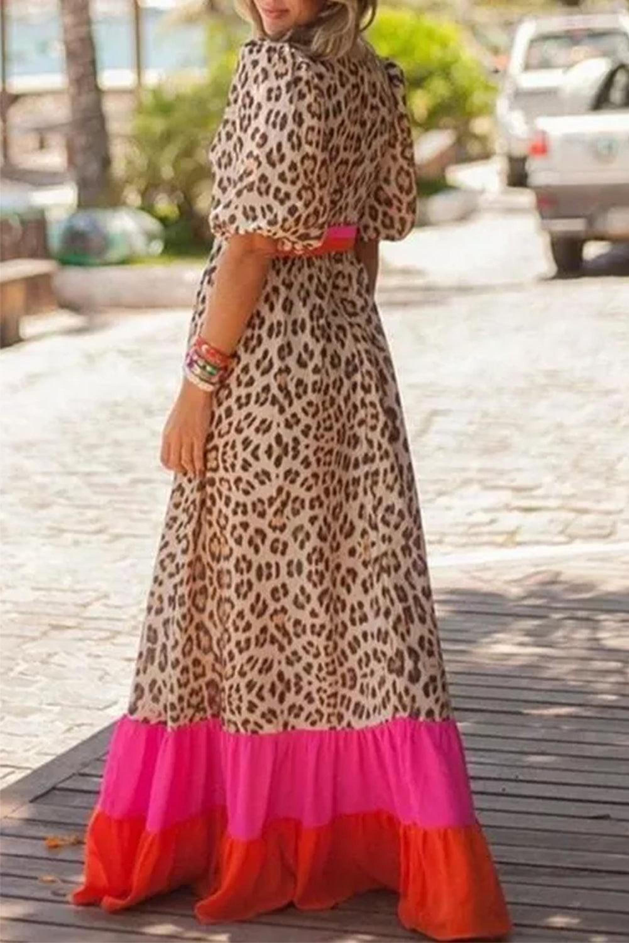 Maxi robe à imprimé léopard avec manches bouffantes