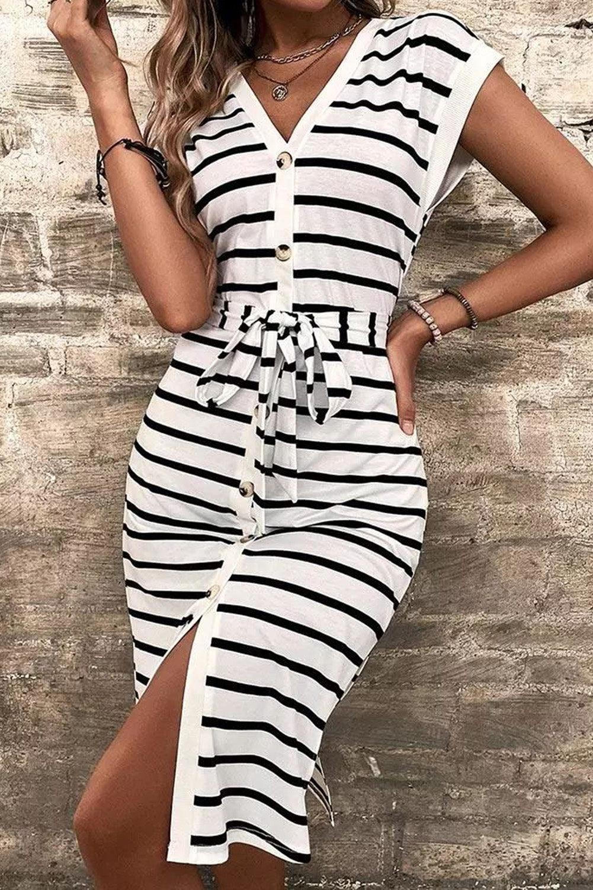 Robe midi à rayures avec bouton et fente