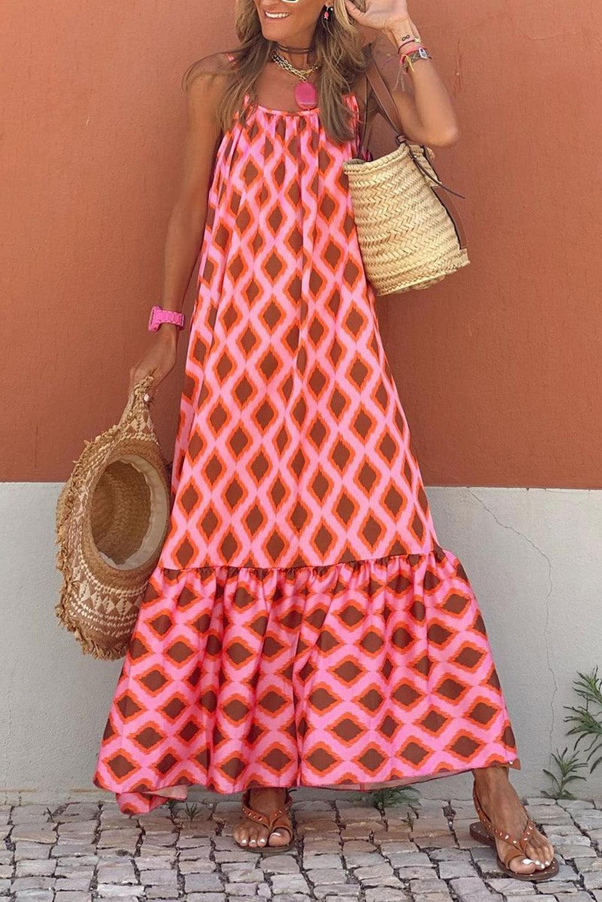 Maxi robe sans manches avec imprimé géométrique élégant