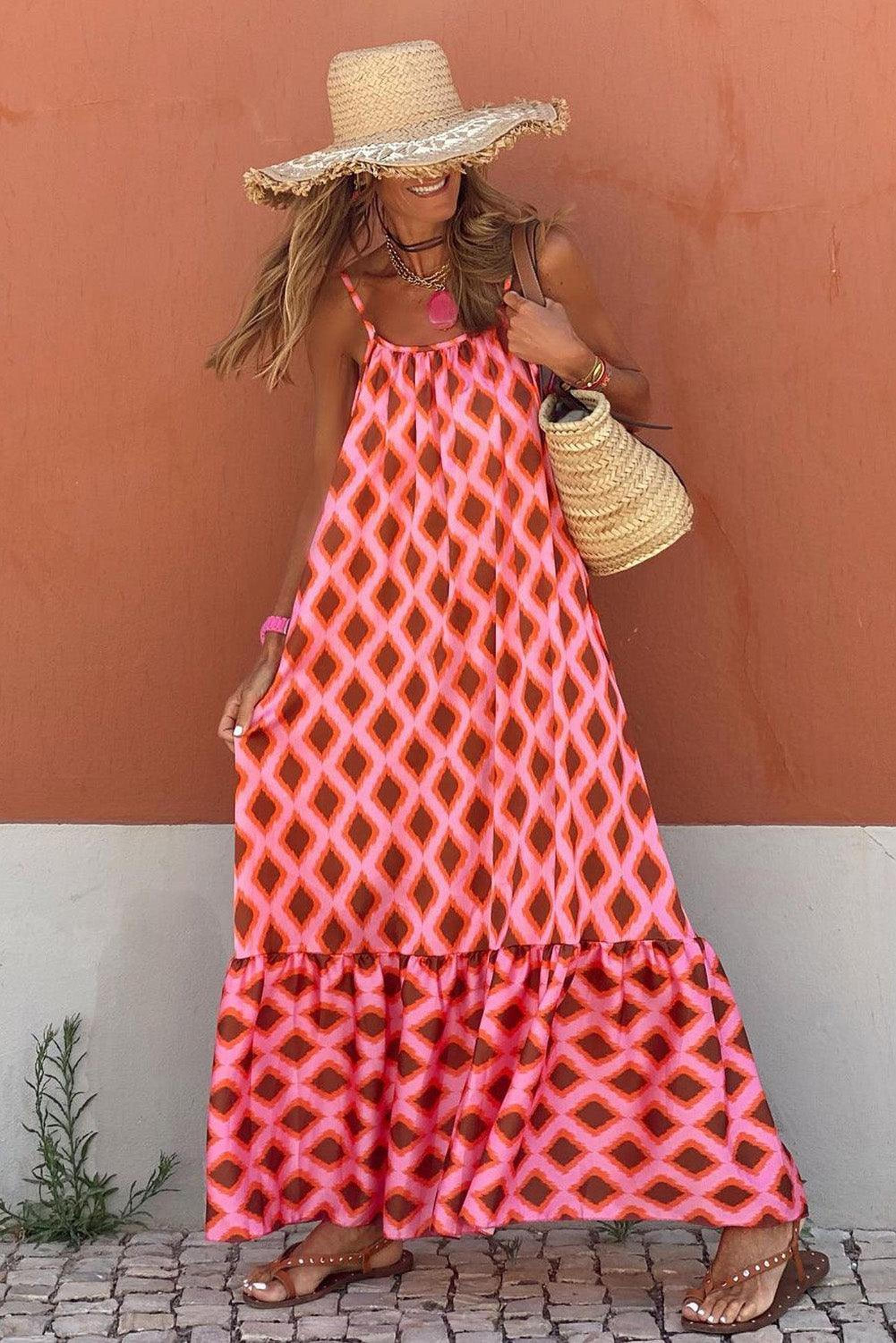 Maxi robe sans manches avec imprimé géométrique élégant