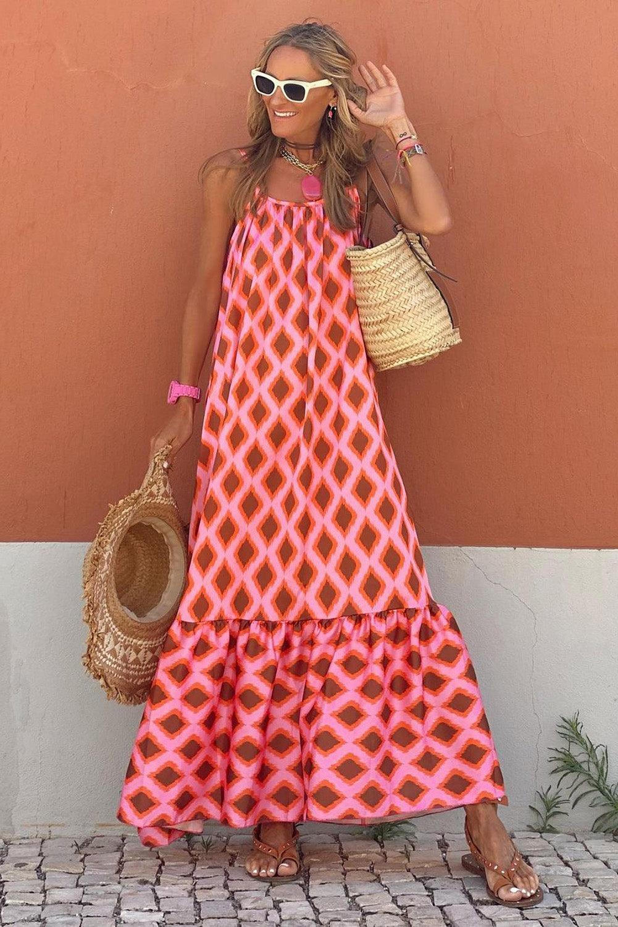 Maxi robe sans manches avec imprimé géométrique élégant
