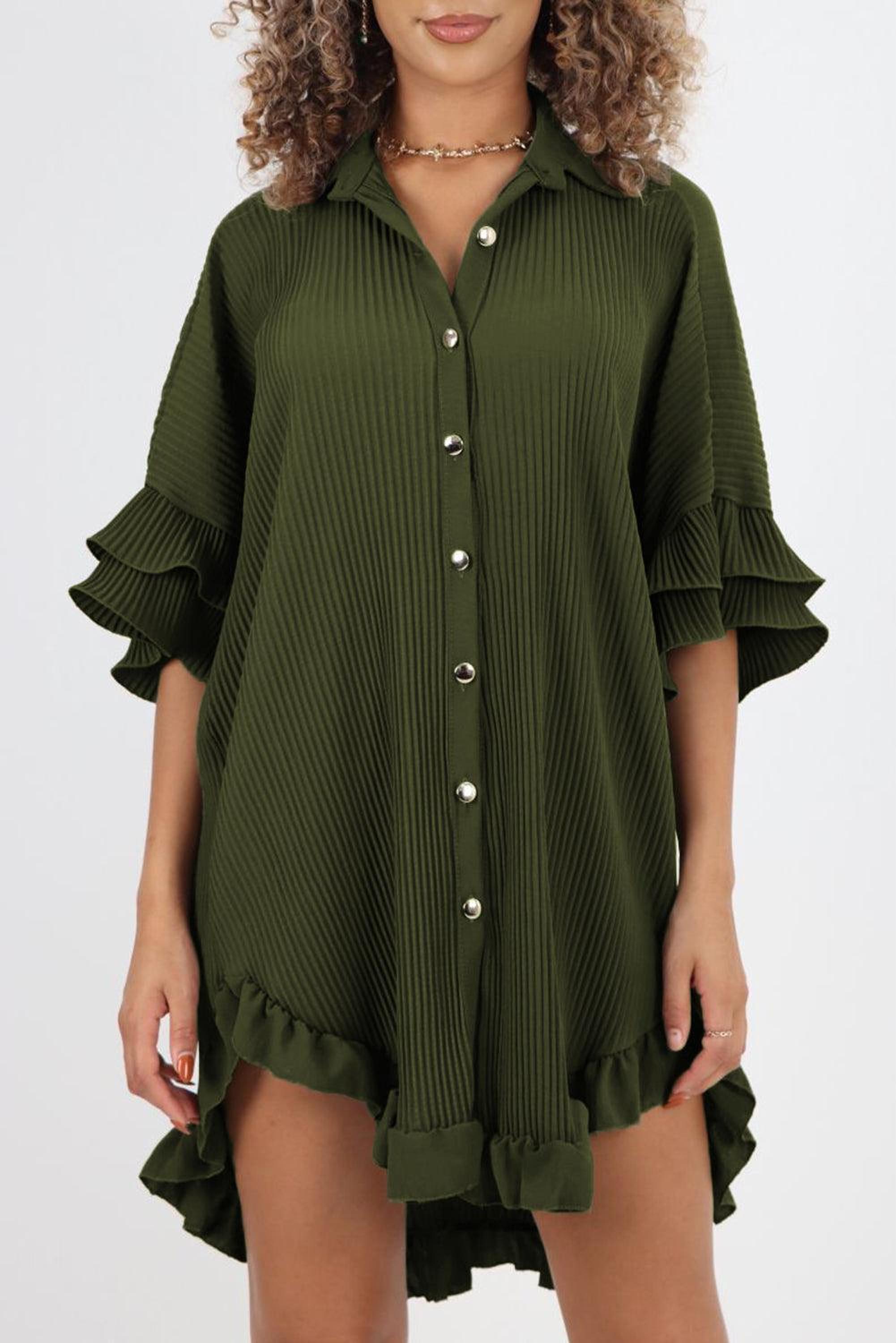 Robe chemise avec ourlet haut-bas et manches à volants