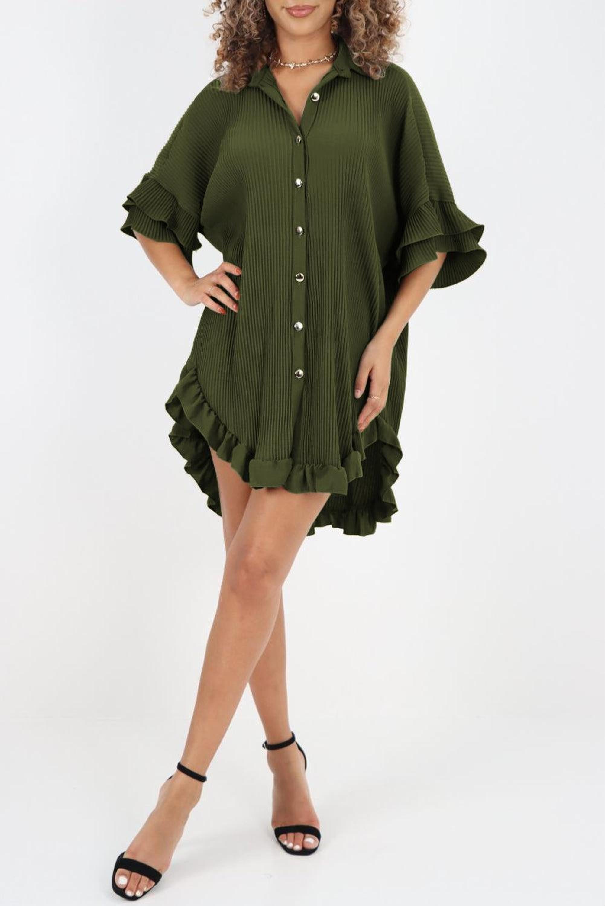 Robe chemise avec ourlet haut-bas et manches à volants